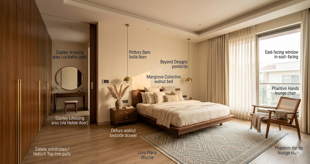 Photograph of a recently completed second-floor builder floor interior in Gurgaon showing open living-dining with engineered oak flooring and a fluted teak partition