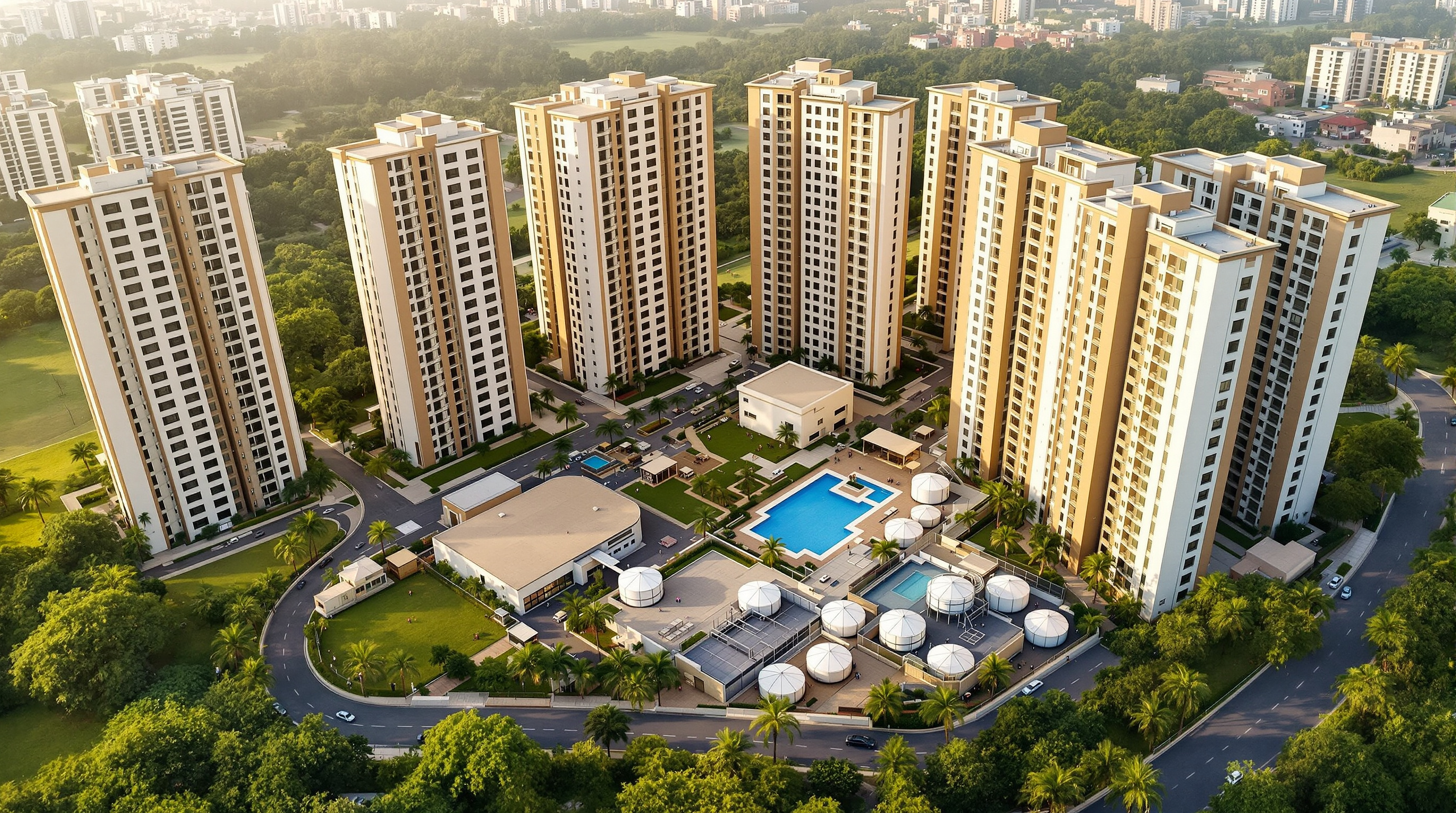 Aerial view of a large landscaped Indian residential apartment complex with multiple towers and a compact on-site sewage treatment plant beside the greenery