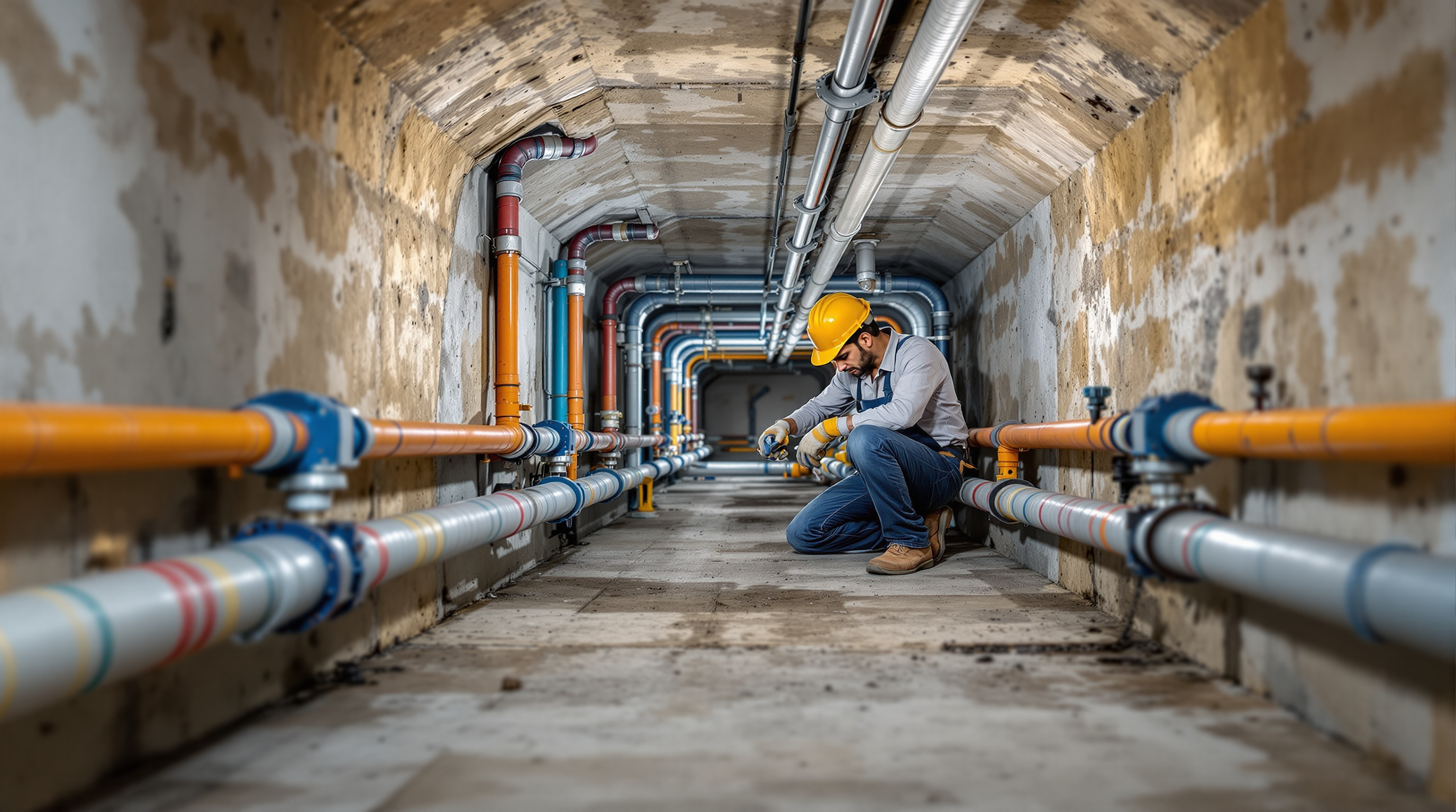Two parallel color-coded pipe networks in a building services shaft, one for fresh water and one for treated recycled water, being installed by an Indian plumber