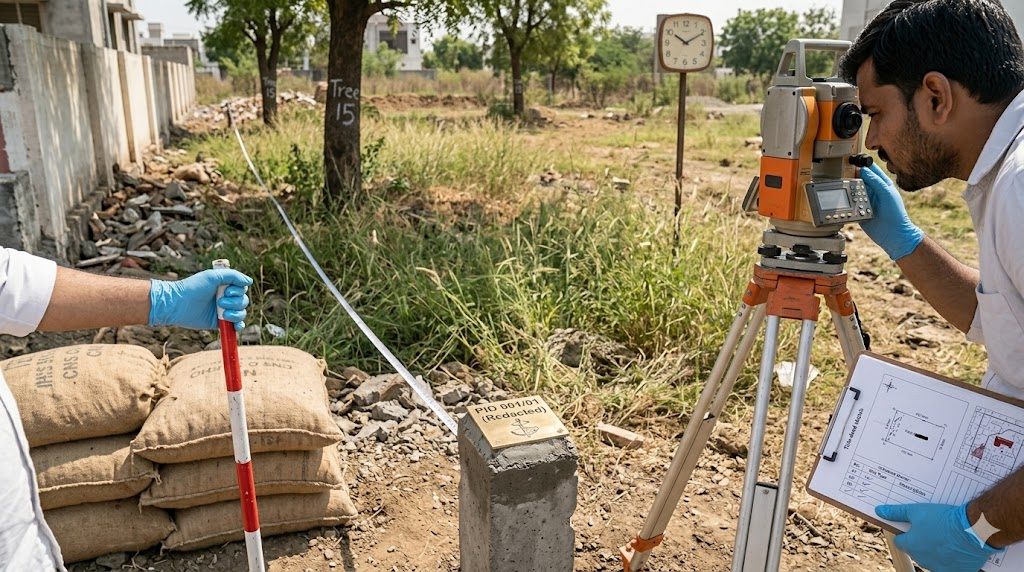 Licensed surveyor verifying plot boundaries on an Indian residential plot before purchase — a tripod-mounted total station set up at one corner, a red-and-white survey staff at the adjacent corner, fresh concrete pegs marking the boundary with brass survey-number plates, the surveyor sighting through the eyepiece with the title-deed sketch on a clipboard. The survey is what turns the title deed's dimensions into pegs on the ground — until you've done this, you don't actually know what you're buying