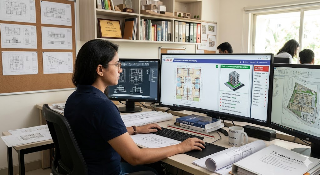 A registered Indian architect at a workstation submitting building plans via an online sanction portal — TS-bPASS / AutoDCR-style interface visible with dimensional auto-validation