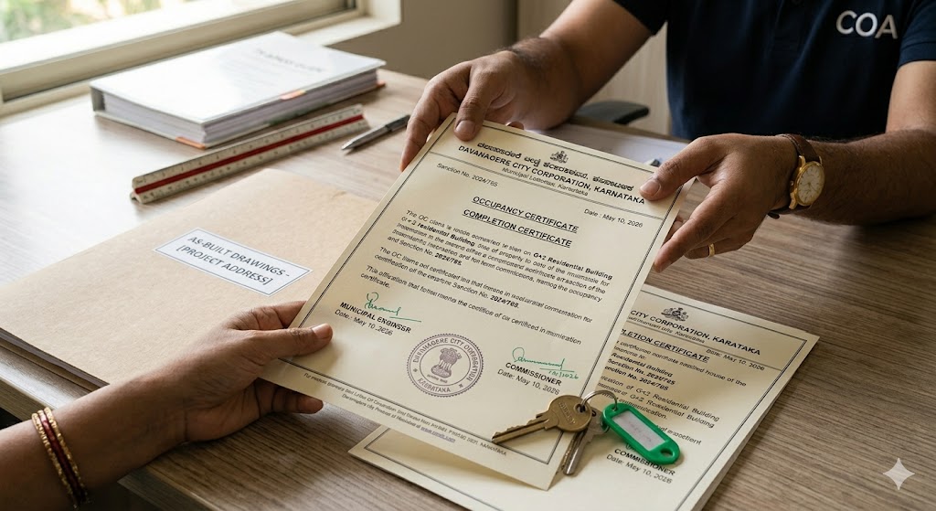Close-up of an Occupancy Certificate document with municipal letterhead, official seal and signatures, alongside an As-Built Drawings folder and house keys being handed across a desk