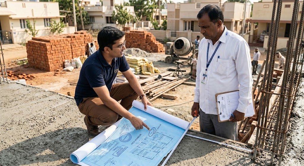Municipal building inspector with measuring tape on a freshly-cast plinth slab, alongside the architect pointing to a marked dimension on the sanctioned drawing