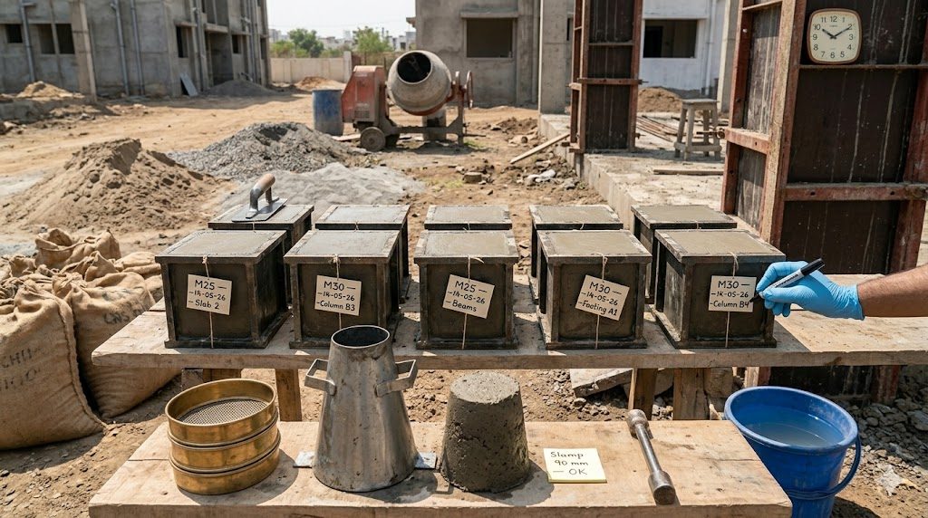 Six freshly cast concrete cube-test specimens (150 mm steel moulds) lined up on a wooden plank beside the column shutter, each tagged with cast date and grade (M25 / M30, slab and column refs), with the slump cone and compaction rod nearby and a fresh slump sample reading 90 mm. Every pour leaves evidence — these cubes go to the lab at 7 days and 28 days, and their strength is the structural record of this concrete