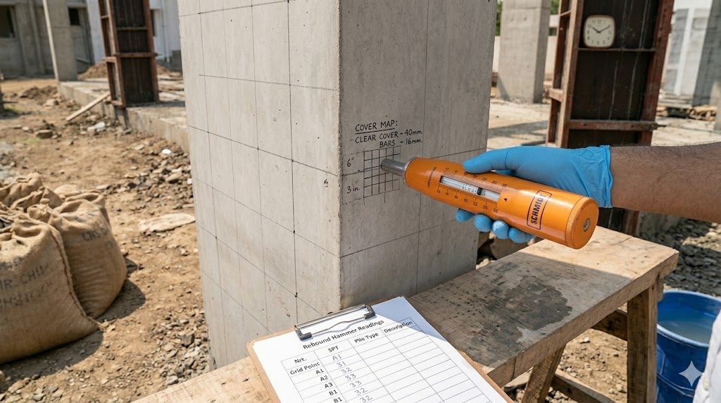 Schmidt rebound hammer pressed perpendicular against a finished concrete column face, indicator reading near 32 (M25-M30 range), with a pencilled strike-point grid on the column at 6-inch spacings and a half-filled rebound-reading table on a clipboard nearby. The column talks back when you know how to listen — in-situ strength, non-destructively, in ten minutes per column