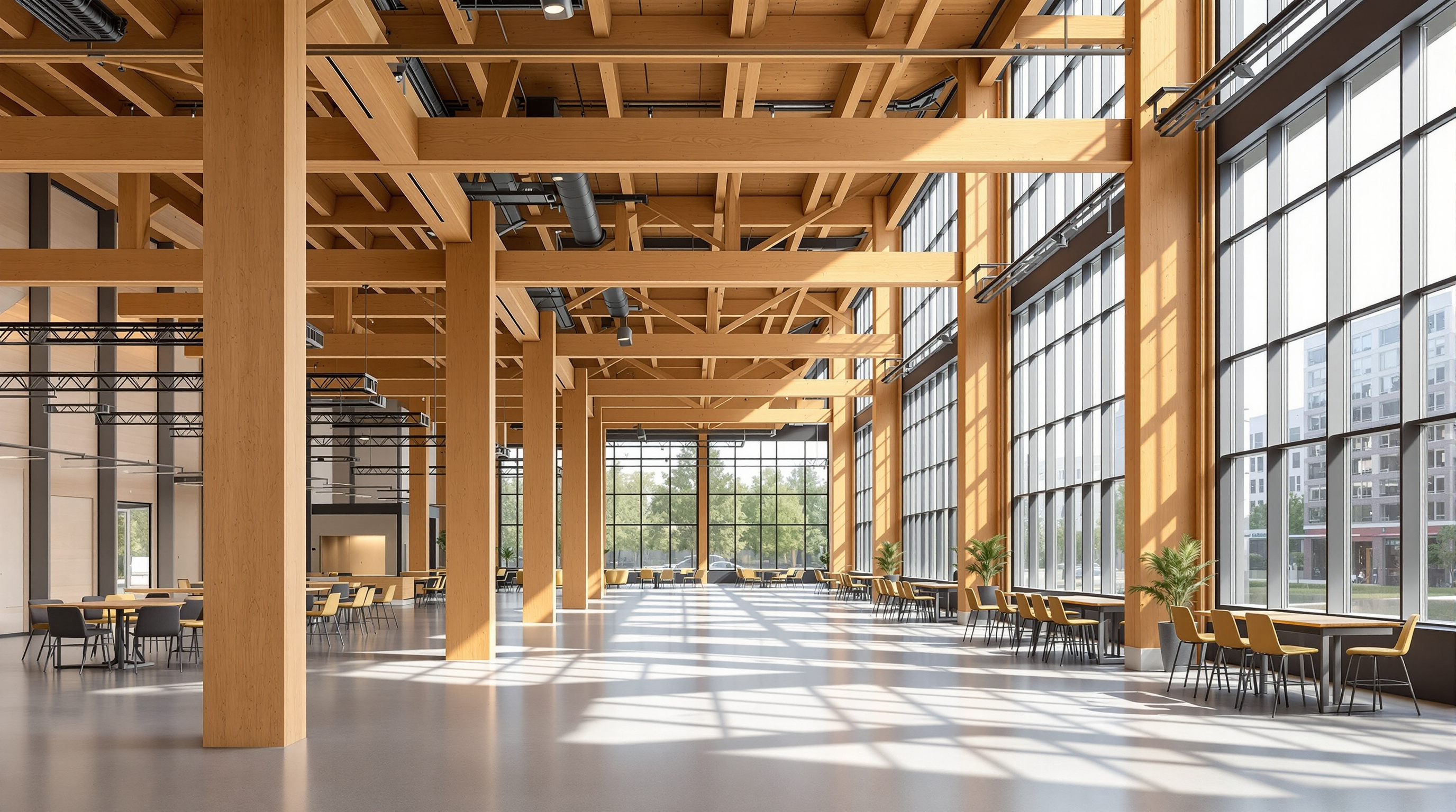 Interior of a Bullitt Center office floor, an open plan lit entirely by daylight through tall operable windows, honey-coloured Douglas-fir glulam columns and beams overhead supporting a nail-laminated timber deck, no suspended ceiling