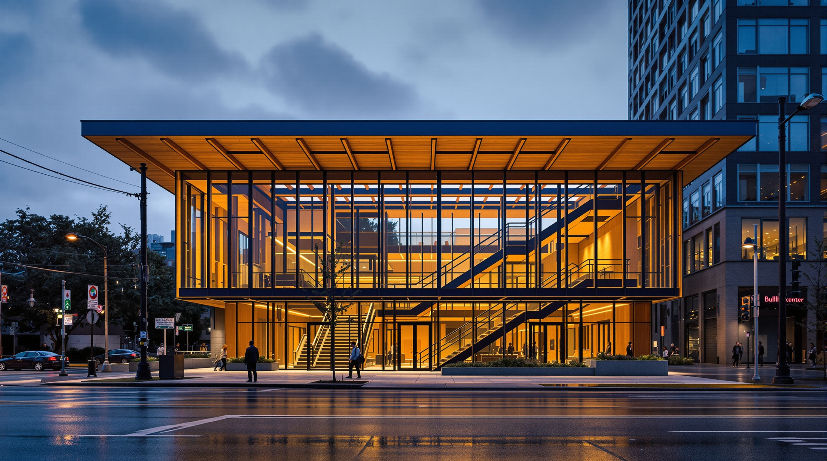 The Bullitt Center seen from the street corner at dusk, its full-height glazed stair glowing warm against exposed timber, the broad solar canopy silhouetted overhead, wet Seattle pavement reflecting the light