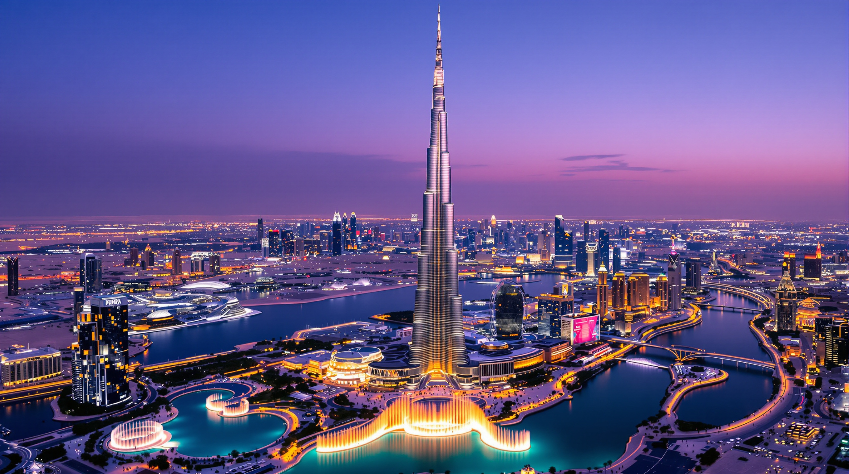 Wide dusk view of the Burj Khalifa towering over the Dubai skyline and the Dubai Fountain, its silver setbacks catching the last light while the sprawling low-rise city and desert stretch to the horizon