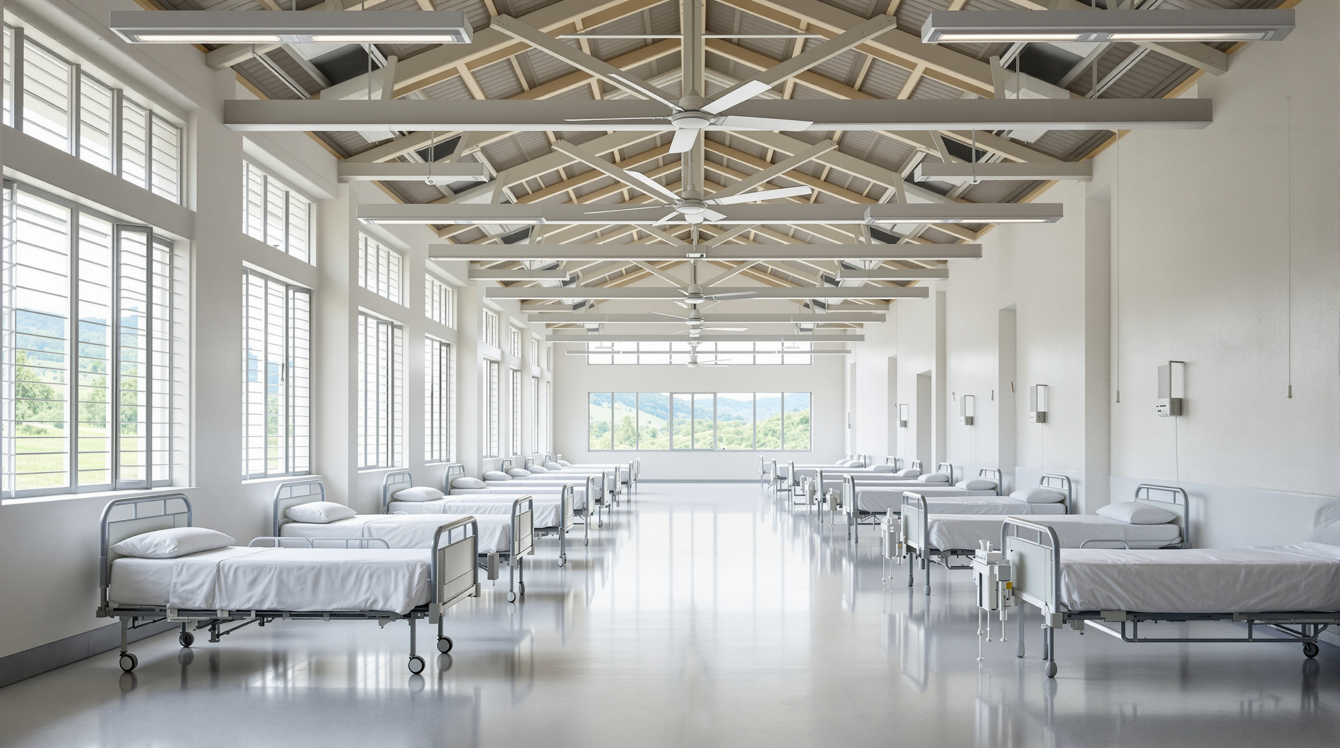 A ward interior at Butaro washed in daylight, a row of neatly made beds along a wall of tall louvred windows that open to the green Rwandan hills, a huge slow ceiling fan turning overhead, the floor a seamless polished surface