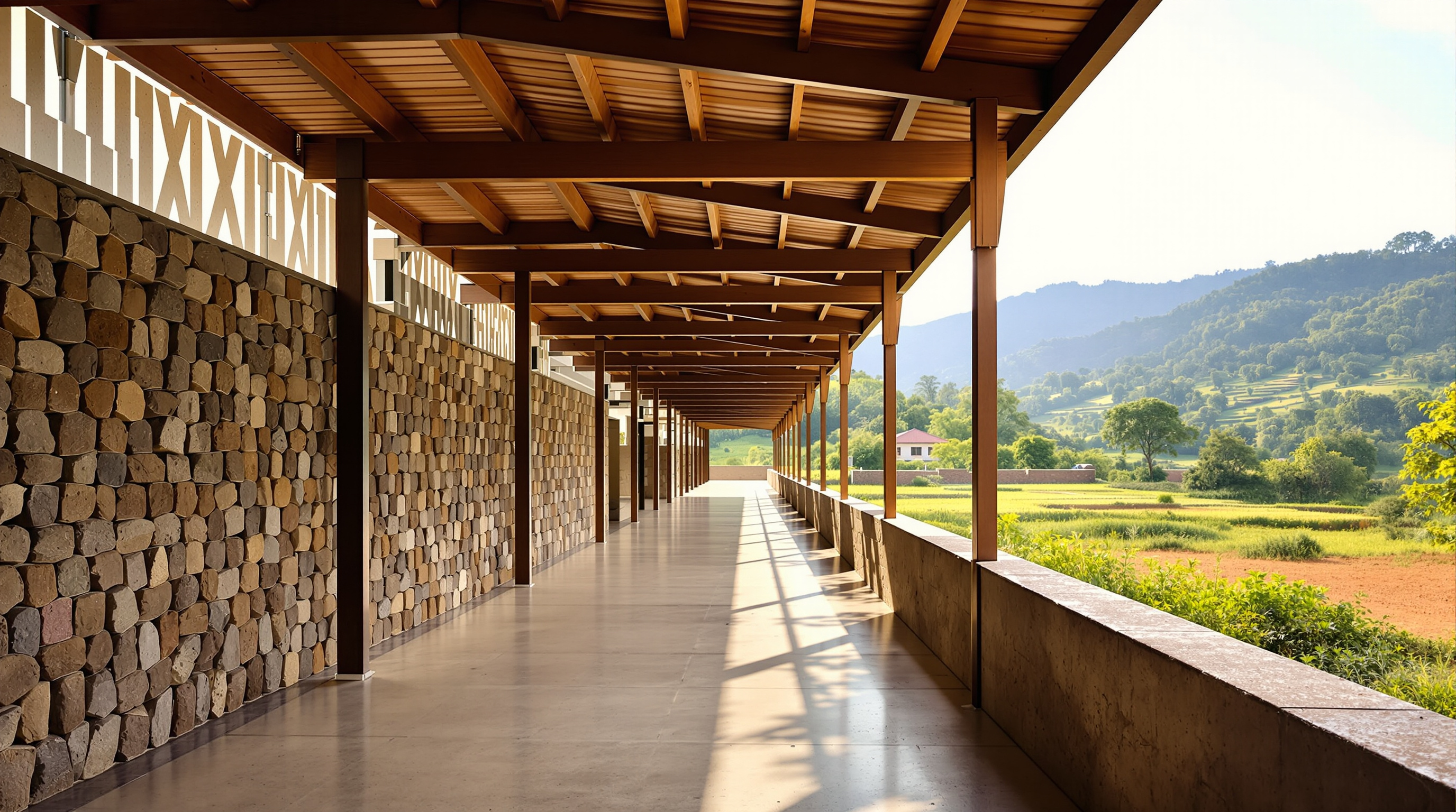 Patients and staff moving along an external covered walkway at Butaro, a deep timber-and-steel roof overhead and a low volcanic-stone wall to one side, the open valley and terraced hillsides visible beyond, sunlight falling across the pathway
