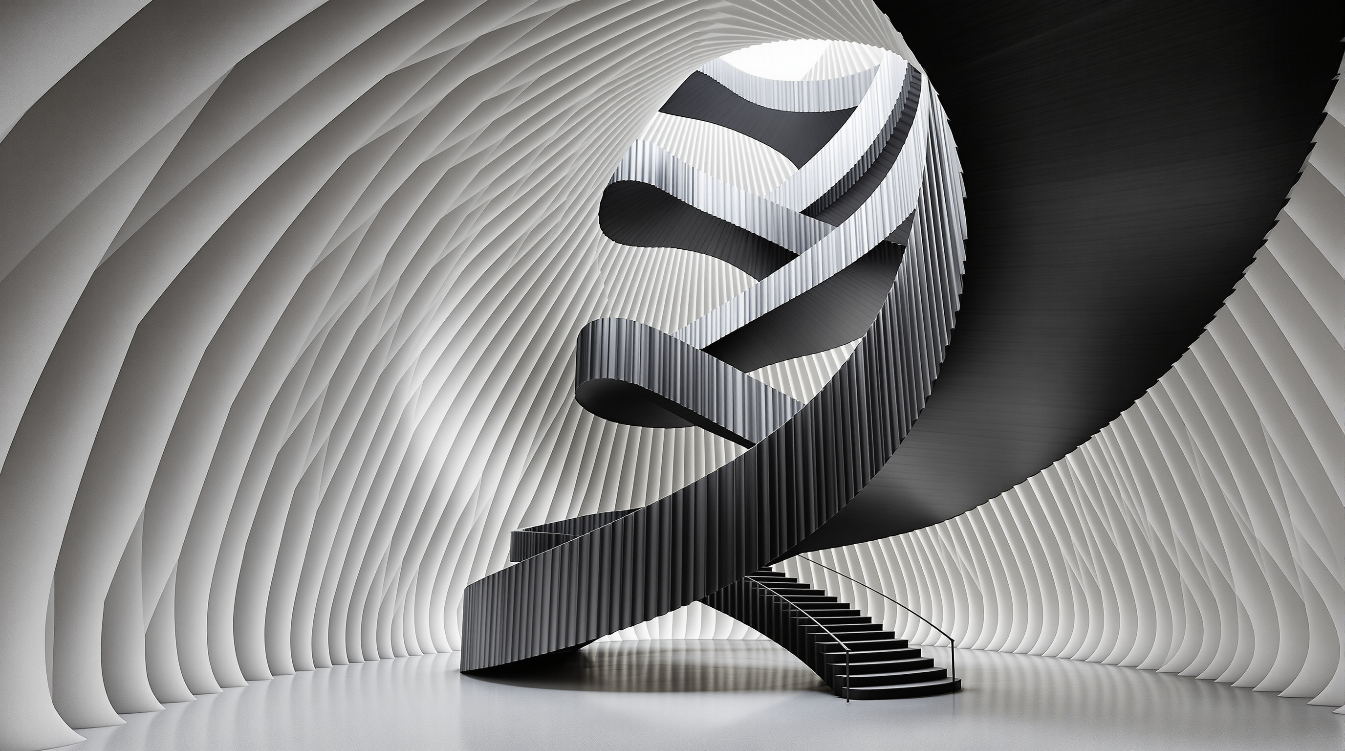 The dramatic folded steel staircase inside CaixaForum Madrid, its polished dark surfaces twisting upward through a sculpted white plaster void, drawing visitors from the lobby up into the galleries
