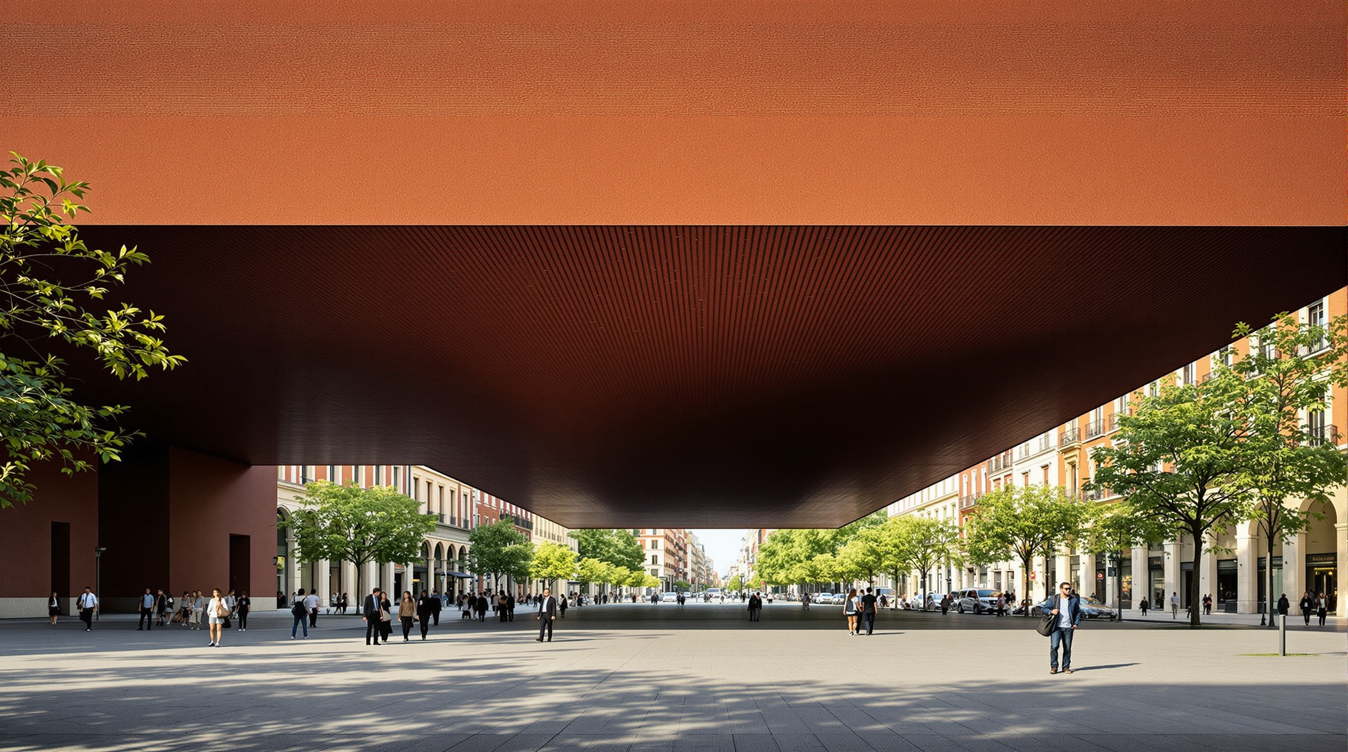 The covered public plaza beneath CaixaForum Madrid, pedestrians standing in the deep shade under the floating brick mass, the underside of the lifted shell hovering overhead where the stone base used to be