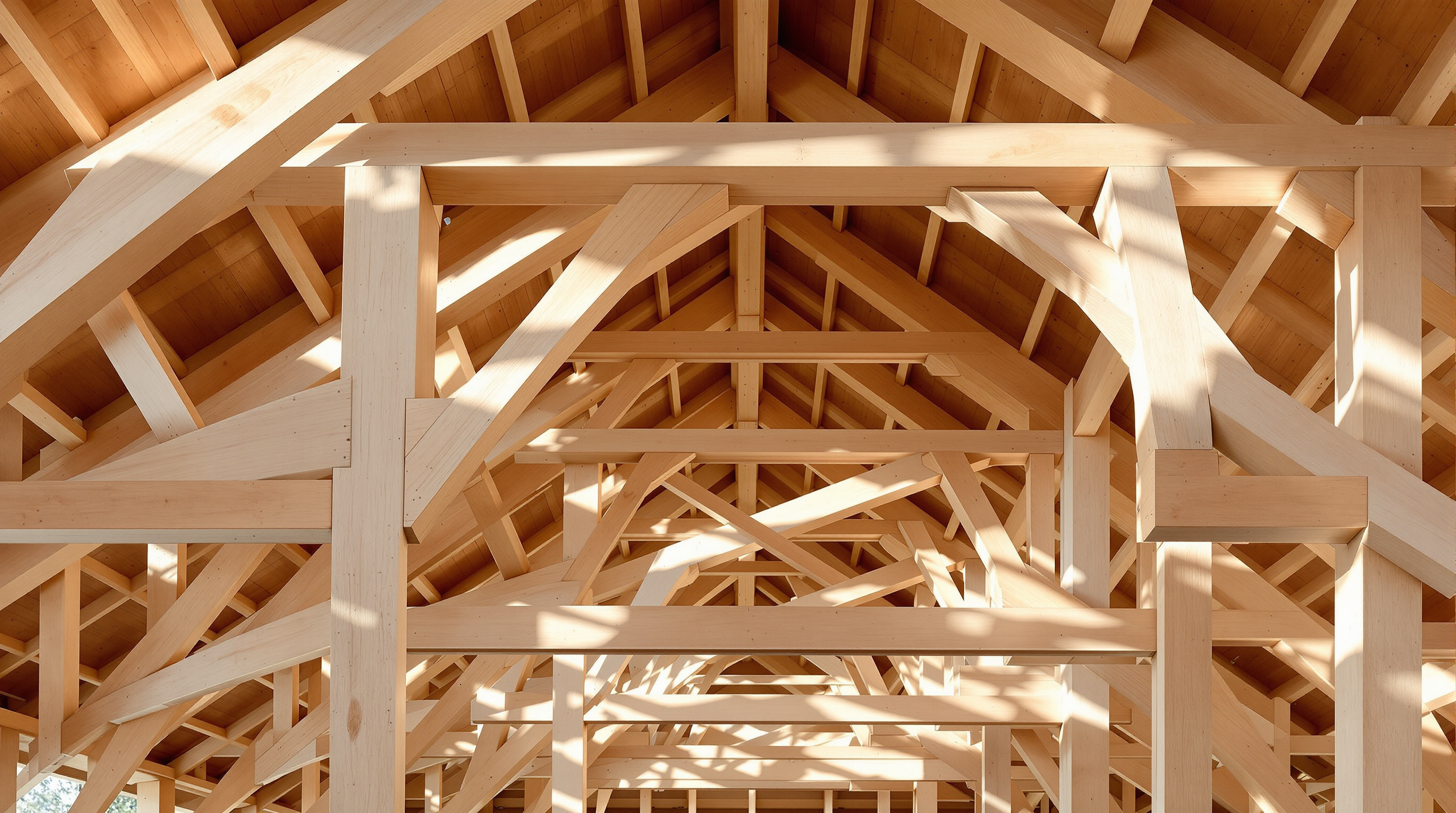 Close-up inside the Hooper Pavilion of the exposed eccentric braced frame: pale spruce glulam columns and beams with Douglas fir diagonal braces picked out in a contrasting finish, a cross-laminated timber ceiling above, warm daylight raking across the wood grain