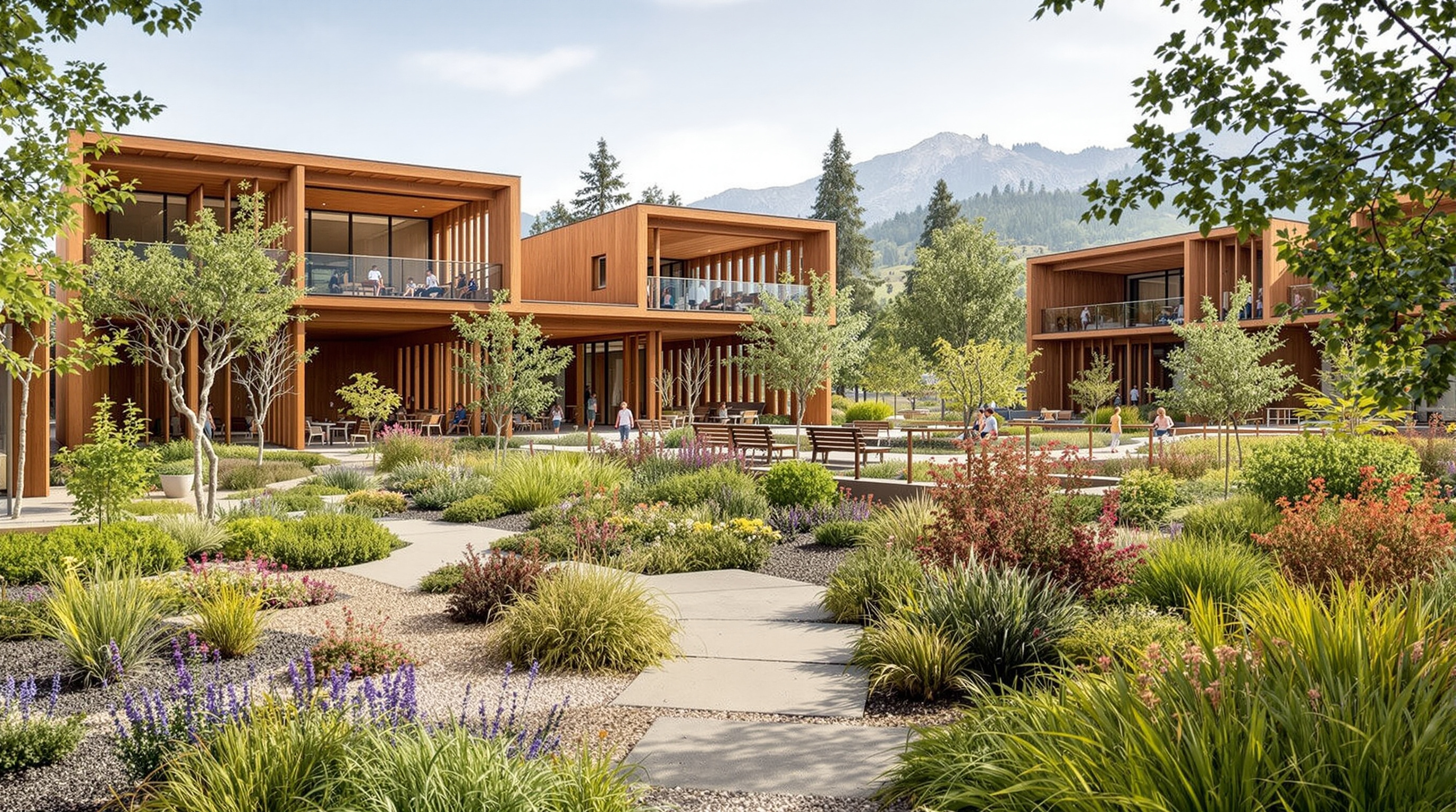 The Double Ground landscape at the California College of the Arts: a reclaimed 2.3-acre back-lot planted with native California species and pollinator gardens, permeable ground surfaces and reused timber, with the mass-timber pavilions and their deep open balconies rising behind