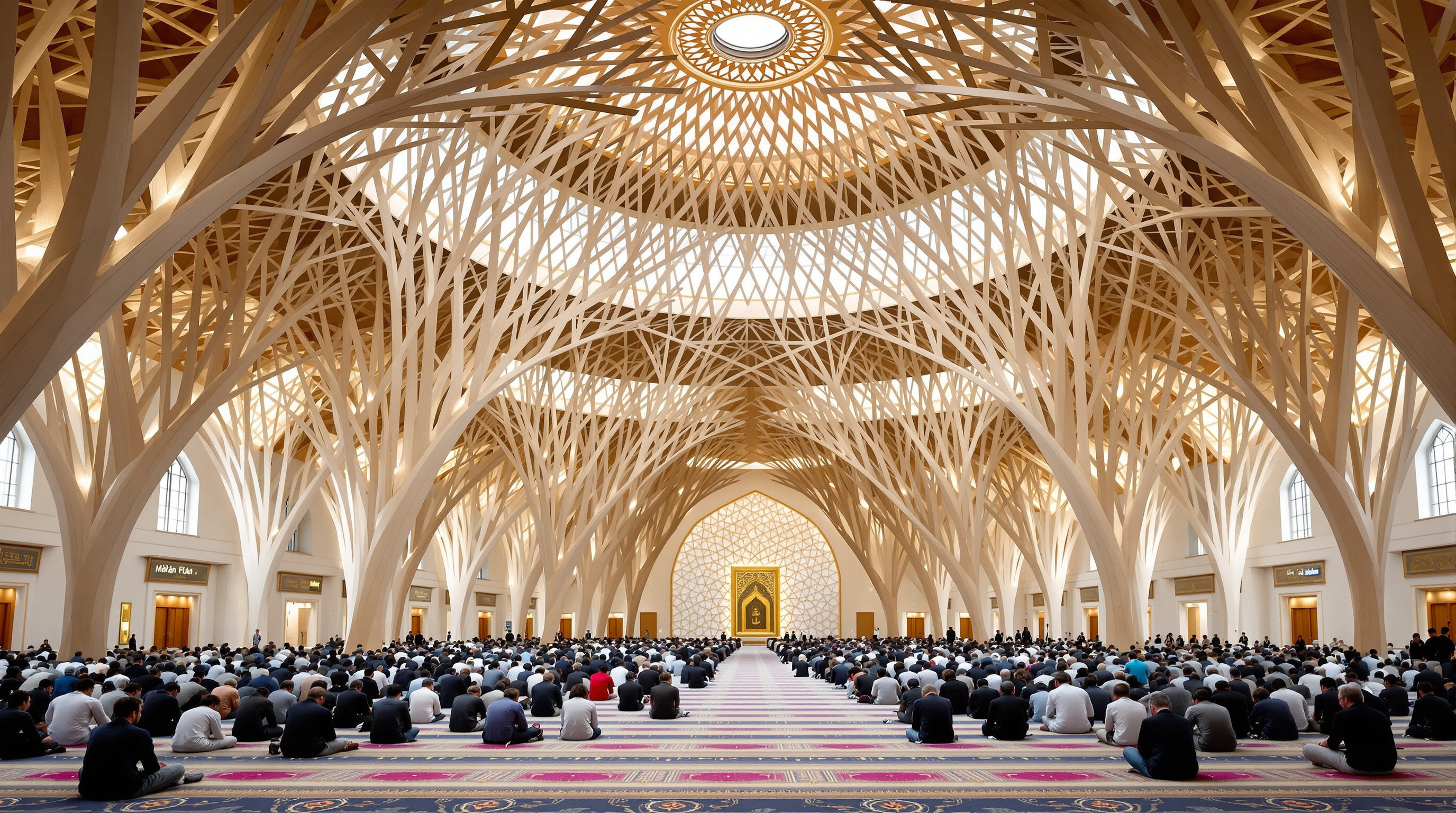 Interior of the Cambridge Central Mosque prayer hall: rows of worshippers on a patterned carpet beneath a canopy of interlaced pale timber trees, their branches fanning into octagonal lattice vaults lit by circular roof-lights, a golden mihrab niche in the far qibla wall