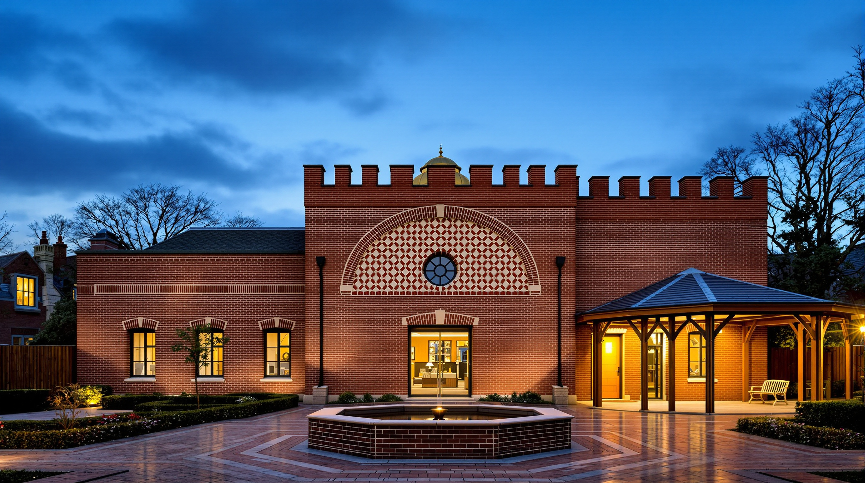 Exterior of Cambridge Central Mosque at dusk: the low brick building with its patterned Gault-and-red tile skin and castellated parapet, a small golden dome glowing, the char-bagh garden with its octagonal fountain in the foreground, warm light spilling from the timber portico