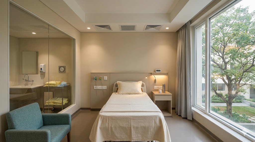 BMT HEPA-filtered patient room — anteroom, family attendant chair, daylight, ceiling-recessed HEPA terminals