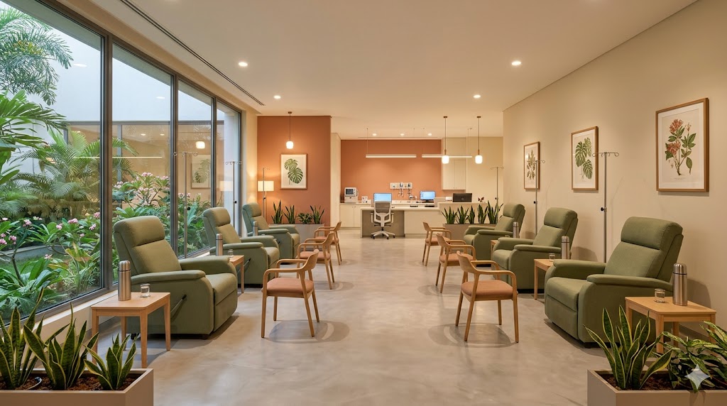 Chemotherapy day-care infusion area in an Indian cancer hospital — companion chairs beside each infusion chair, daylight, mood of dignified community