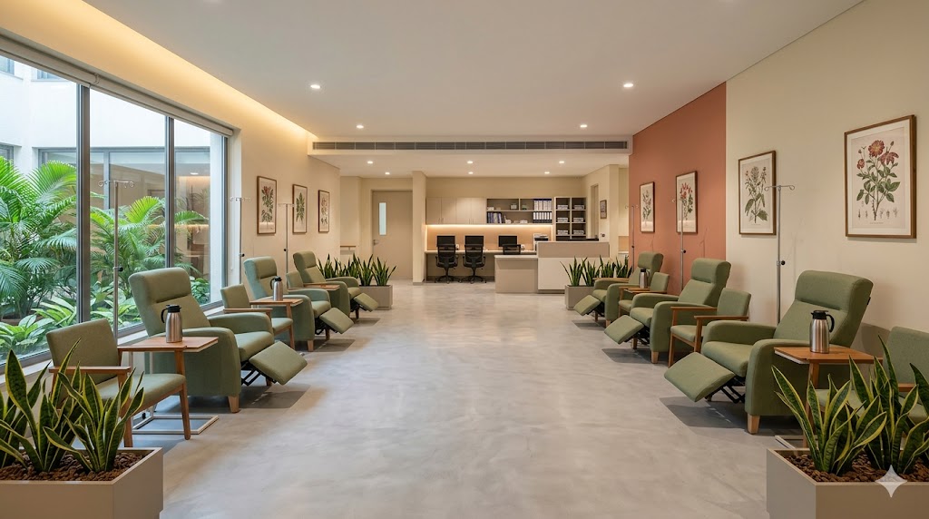 Chemotherapy day-care infusion zone — three-zone configuration, daylight, social-cohort architecture