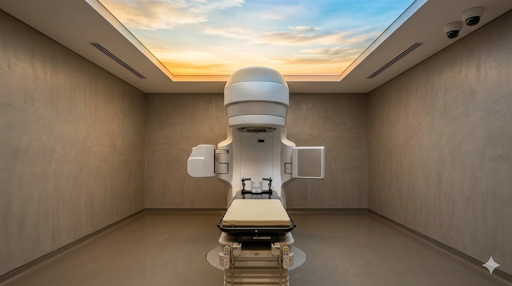 LINAC treatment vault interior — gantry, treatment couch, calming illuminated ceiling mural, dual CCTV