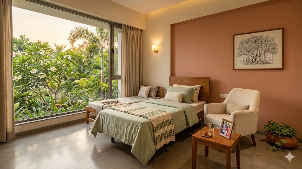 Palliative care single room — soft lighting, family attendant chair, garden view, explicitly home-like