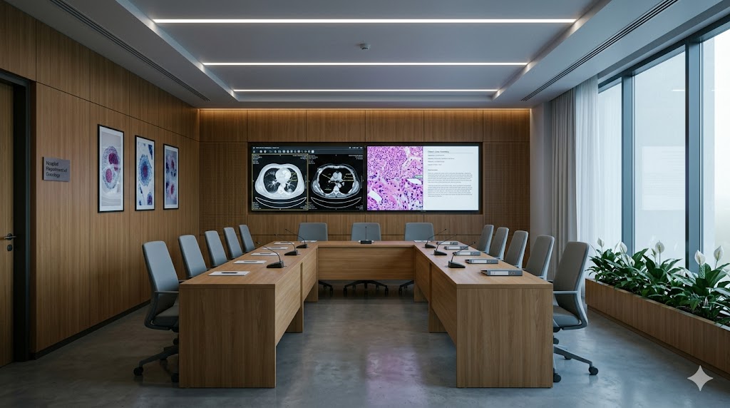 Tumour board multidisciplinary meeting room — U-shape table, dual medical-grade displays, dimmable imaging-mode lighting