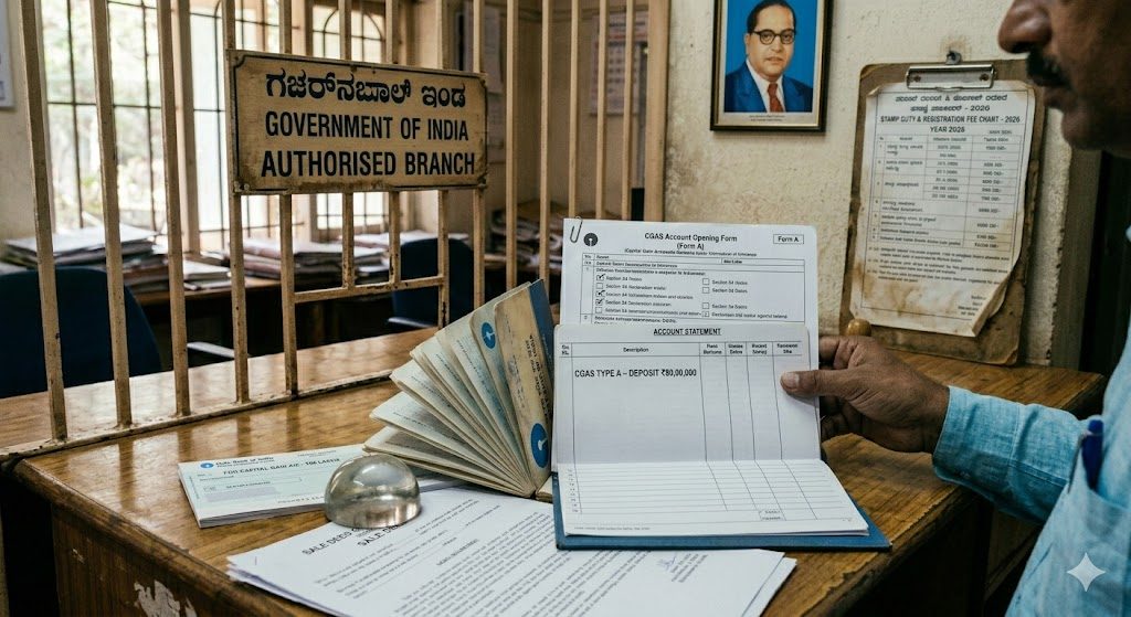 Capital Gain Accounts Scheme passbook on a public-sector bank counter showing an ₹80 lakh deposit entry, with the Form A account-opening declaration and a Section 54 reinvestment checklist alongside — the legal parking-place for unutilised gains between return-filing date and the full Section 54 reinvestment deadline