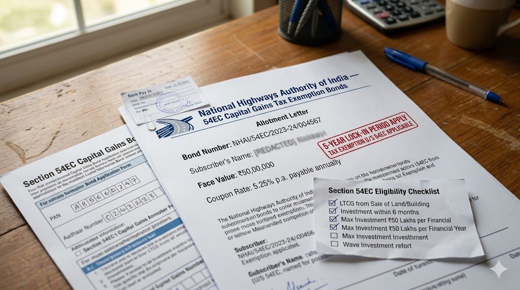 Section 54EC bond subscription receipt on a homeowner's desk showing the institutional letterhead (NHAI or REC), a ₹50 lakh face value, 5-year lock-in stamp, and 5.25% coupon line — the bond route to fully shelter up to ₹50 lakh of long-term capital gain when reinvesting in another house is impractical