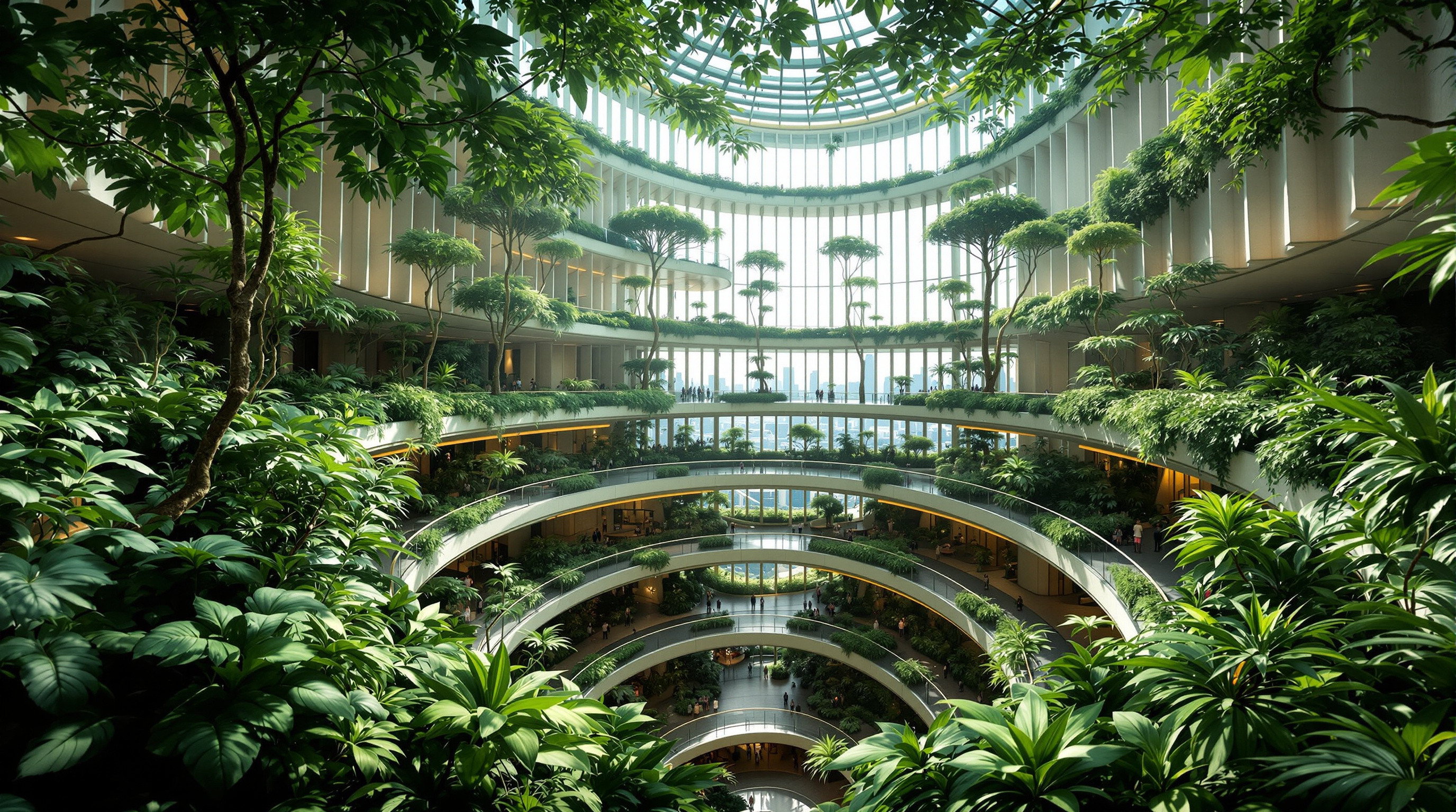Looking up inside the Green Oasis of CapitaSpring, a four-storey open-air void at the tower's core where spiralling ramps wind through dense tropical planting, the city visible through the parted vertical fins of the facade