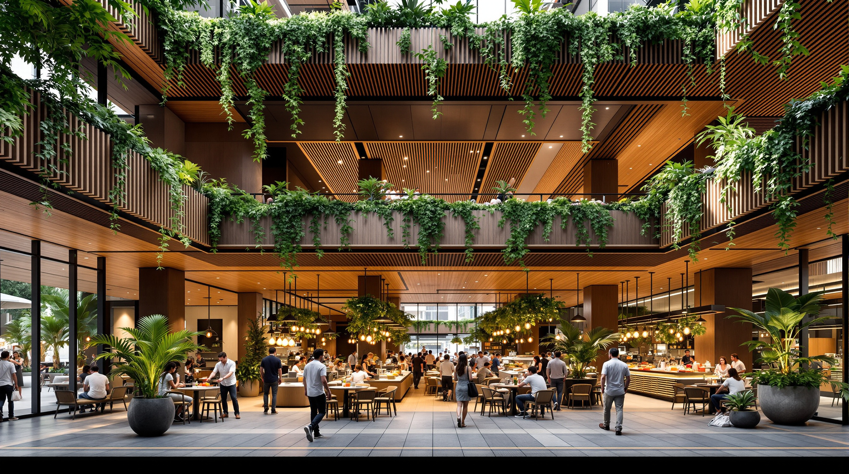 The base of CapitaSpring where the tower lifts off the street to form the open, planted City Room lobby flowing into the two-level Market Street Hawker Centre, office workers and diners mingling under a canopy of greenery
