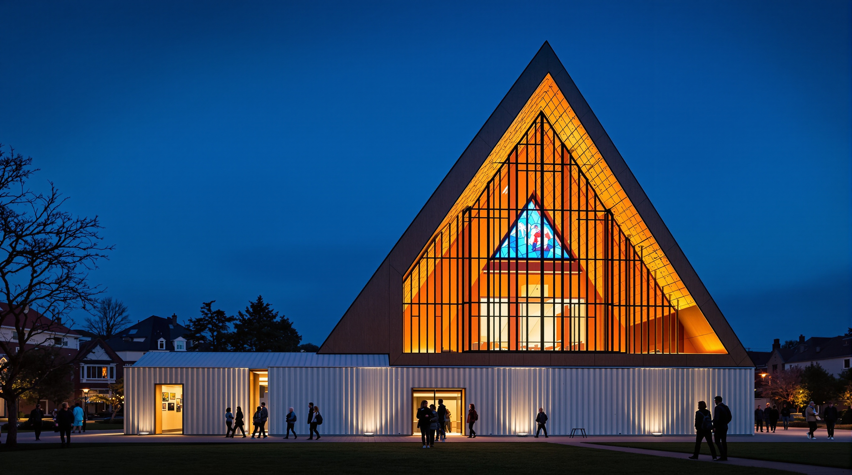 Exterior three-quarter view of the Cardboard Cathedral at dusk, the steep cardboard-tube A-frame glowing warmly from within, the triangular stained-glass window lit up in blues and reds, cream shipping-container walls at the base, people walking on the grass of Latimer Square in front