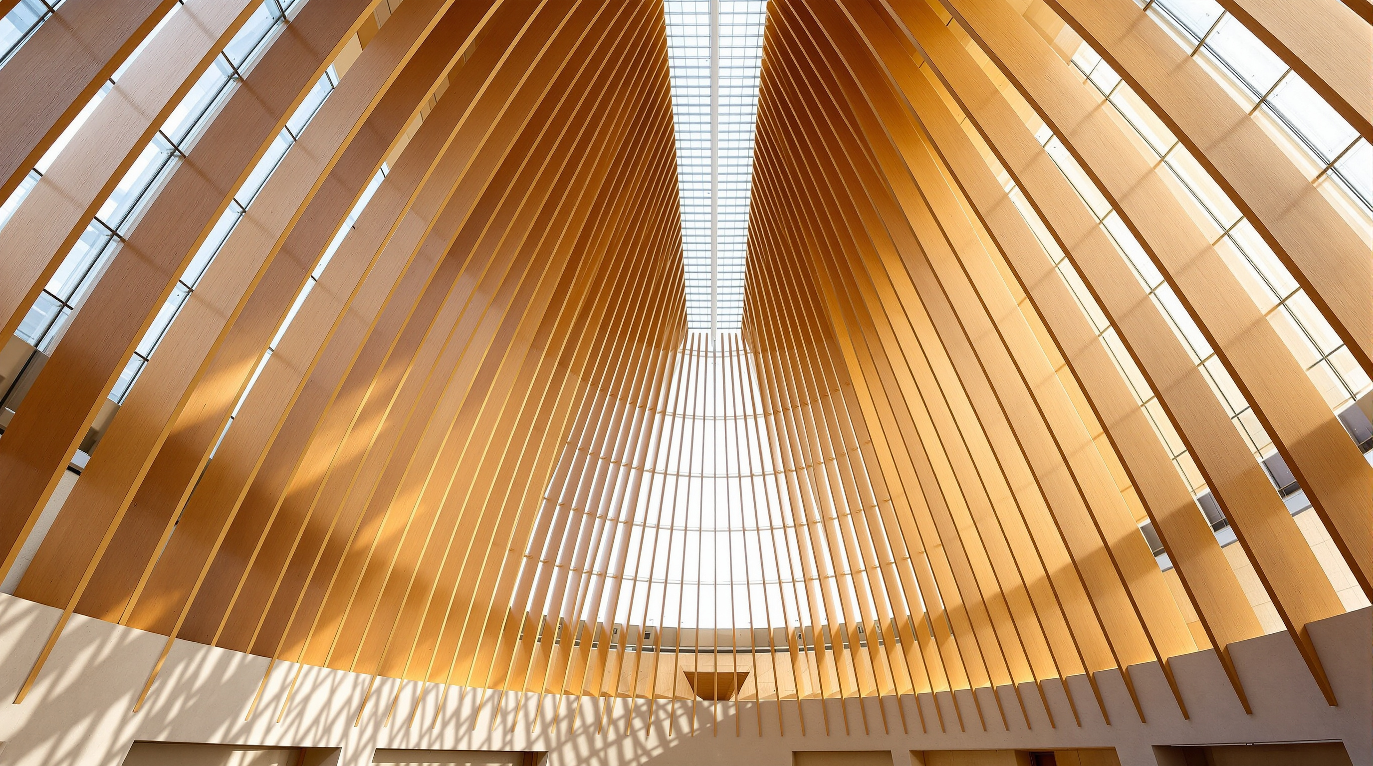 Interior of the Cathedral of Christ the Light looking up into the vault: rows of warm Douglas-fir glue-laminated ribs curve overhead behind a translucent glass skin, diffuse daylight washing evenly across the pale timber and the plain concrete altar wall below