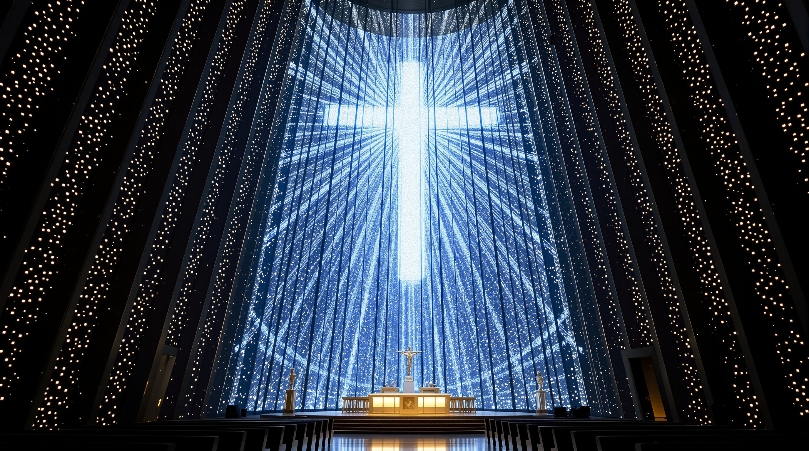 The Omega Window inside the Cathedral of Christ the Light: a towering image of Christ based on the medieval Chartres tympanum, rendered as tens of thousands of tiny pinpricks of daylight glowing through dark aluminium panels above the altar