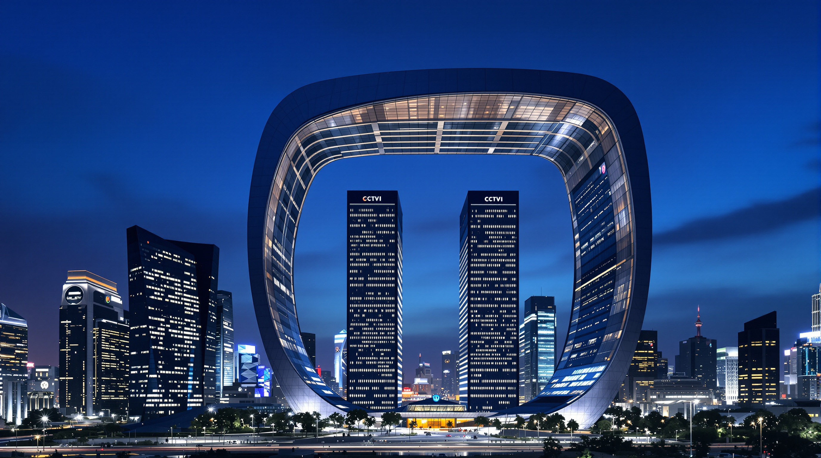 The CCTV Headquarters seen from across the Beijing Central Business District at dusk, its looping silhouette dark against illuminated surrounding towers, the great void framed by the overhang open to the sky