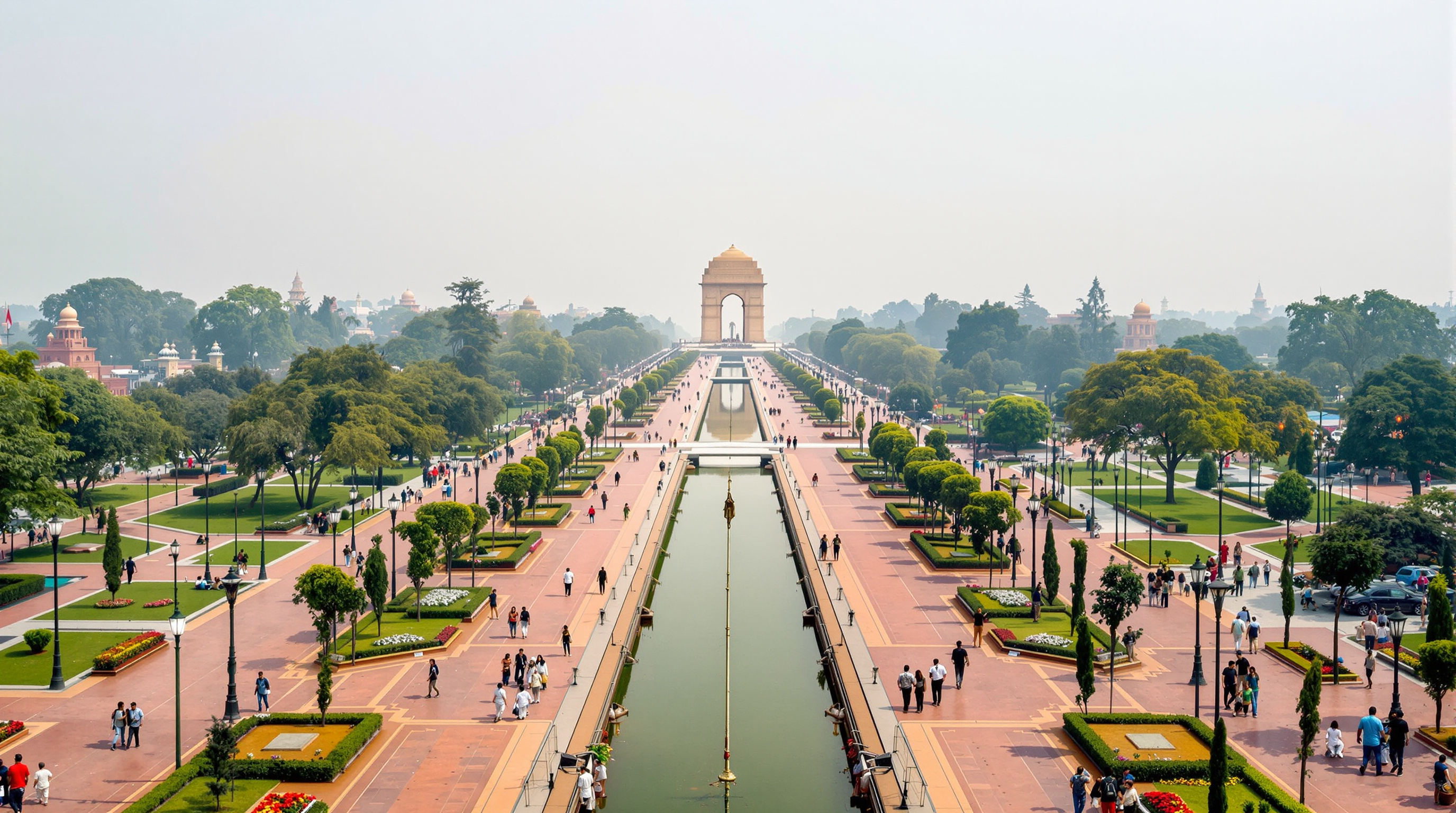 A wide daytime view down the pedestrianised Kartavya Path, its red-granite walkways, refurbished lawns, ornamental canals and rows of trees busy with visitors, the ceremonial axis stretching toward India Gate under a hazy Delhi sky
