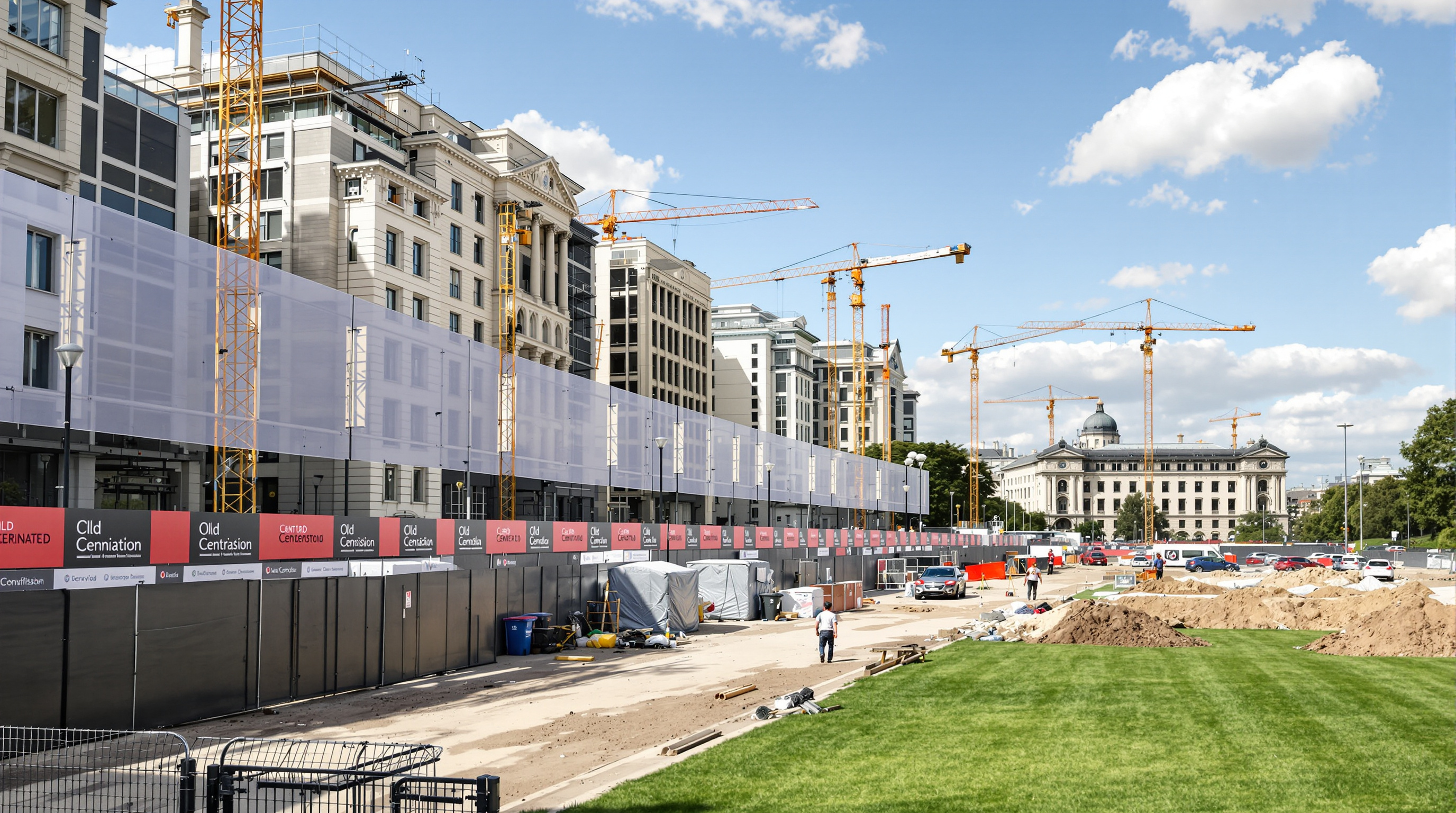 Construction hoardings and cranes along the Central Vista during redevelopment, with barricaded lawns and earthworks near the old Secretariat blocks, a reminder of the disruption and debate surrounding the project