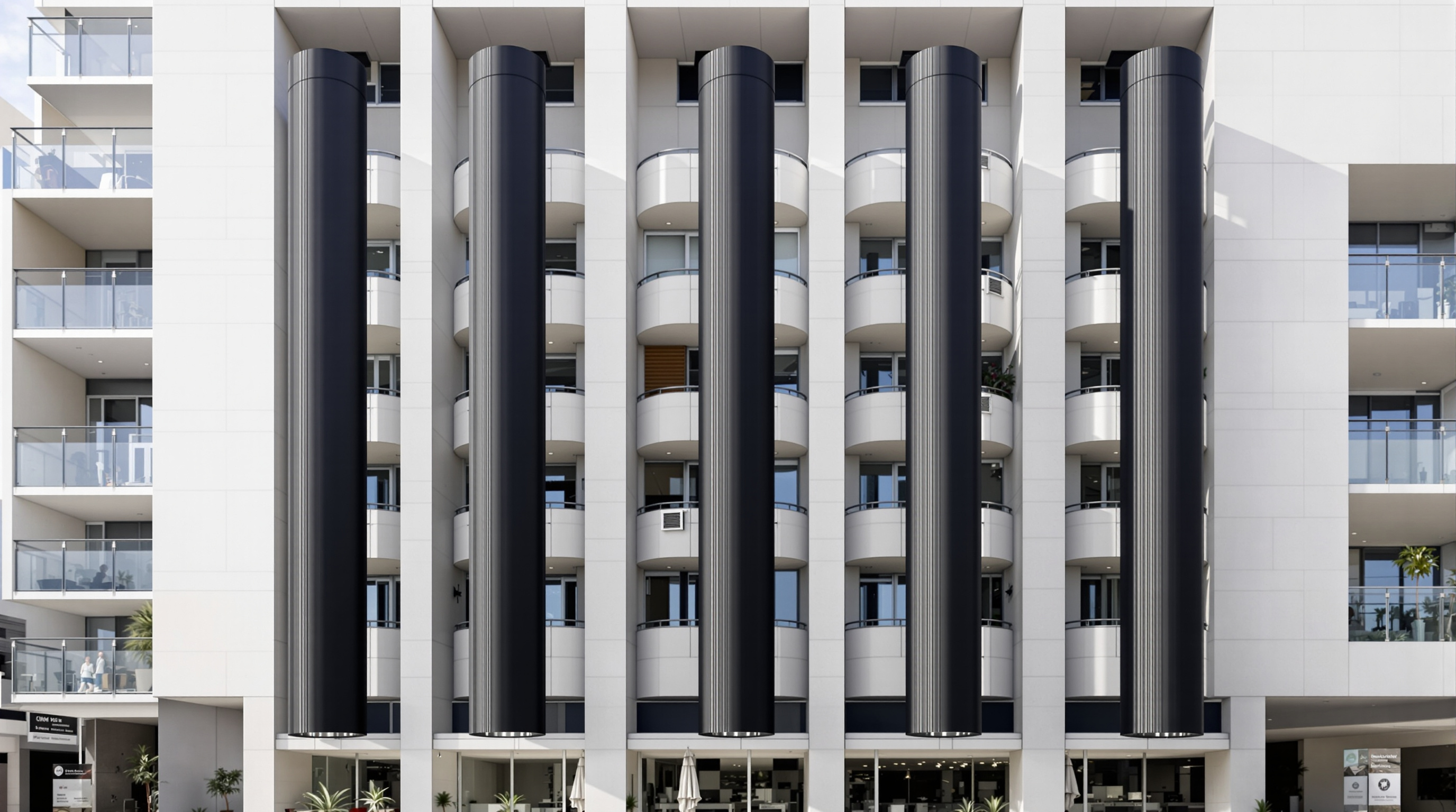 The south facade of Council House 2 showing five tall dark cylindrical shower towers running down the outside of the building, alongside the balconies and planting, on a bright Melbourne day