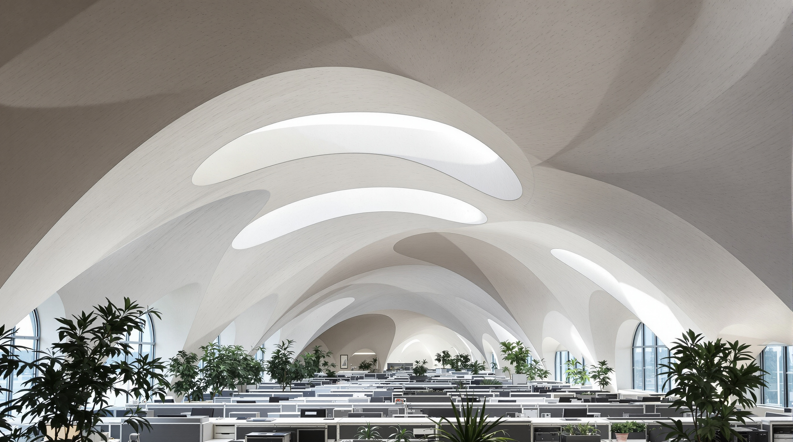 The undulating precast concrete vaulted ceiling inside a Council House 2 office floor, its curved white soffit lit by daylight, with open-plan desks and interior planting below