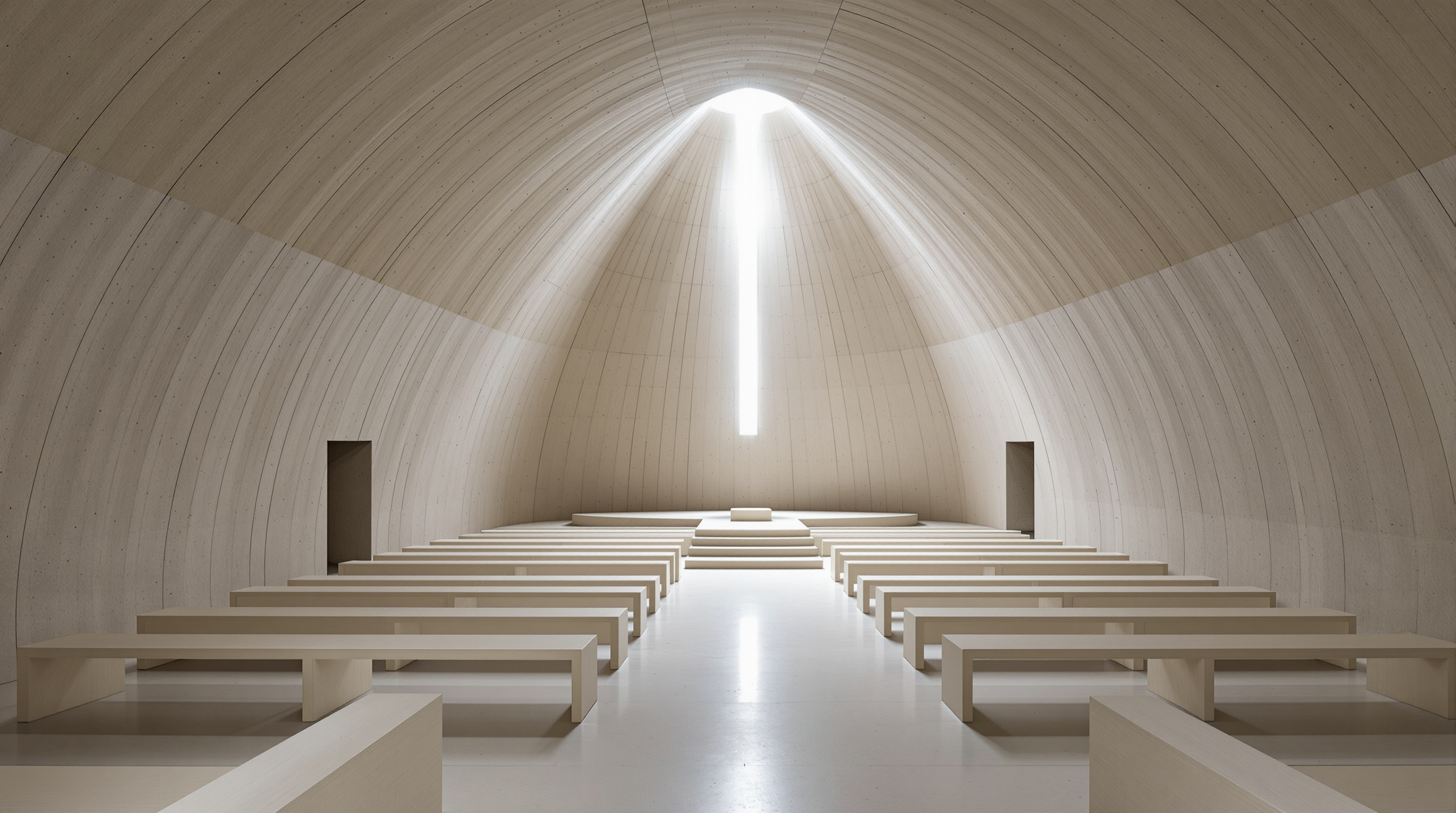 Interior of Renzo Piano's oratory at Ronchamp: a small, austere, top-lit concrete prayer room with pale wooden benches and a single shaft of daylight, the Poor Clare sisters' cave-like chapel, utterly without ornament