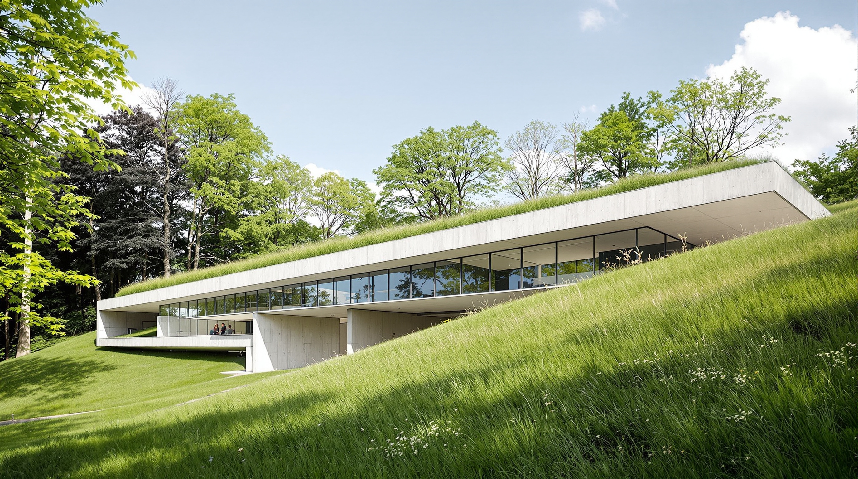 Exterior of the Ronchamp gatehouse by Renzo Piano seen from the wooded downhill approach: a long low band of pale concrete and full-height glazing set into a grassy slope, a thin zinc canopy shading the windows, the green roof merging with the meadow above