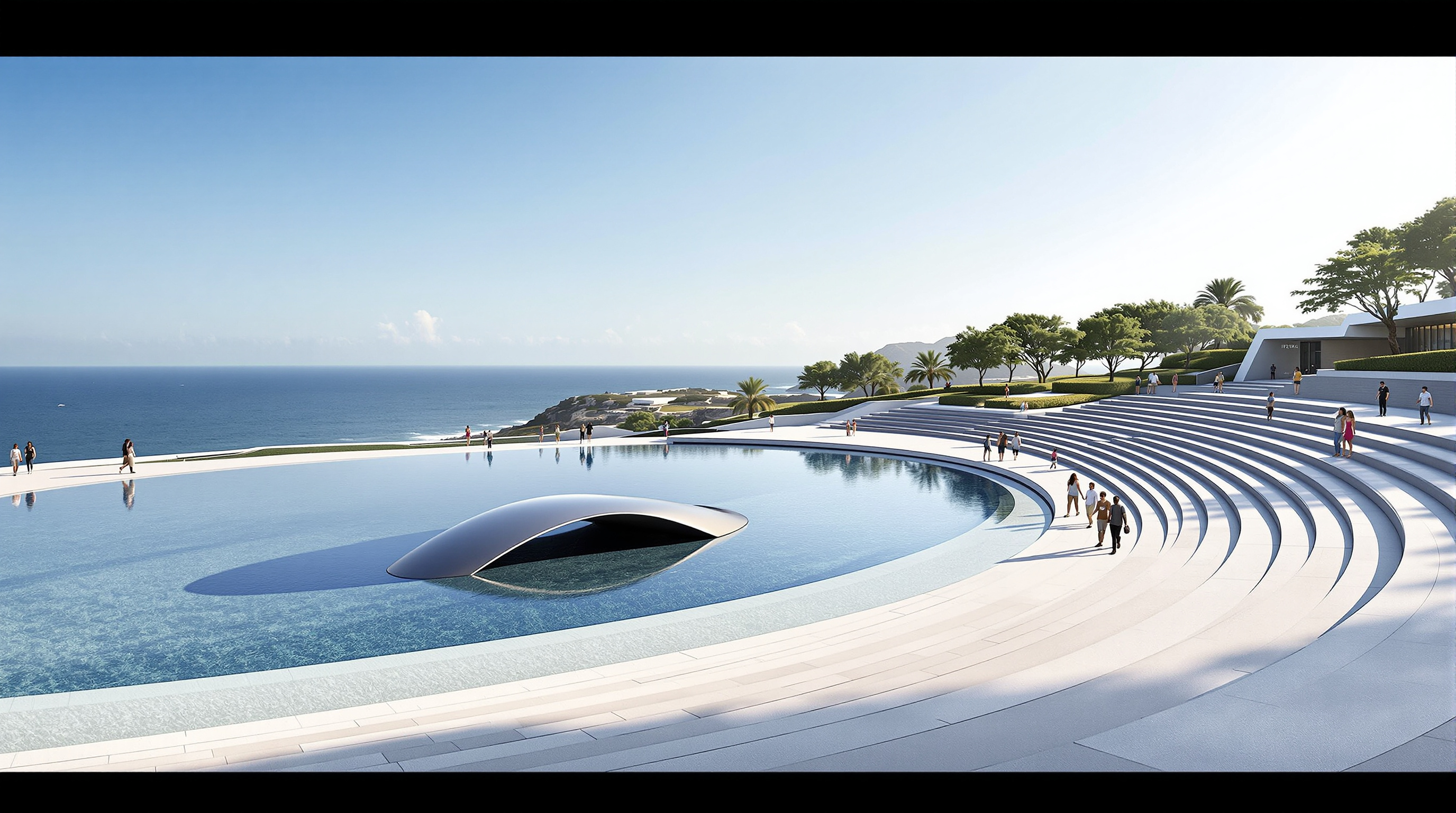 The public open-air amphitheatre and promenade of the Champalimaud Centre beside a calm reflecting pool, with a low submerged curved steel form in the water and the Atlantic horizon beyond, people strolling on pale stone paving under a wide open sky