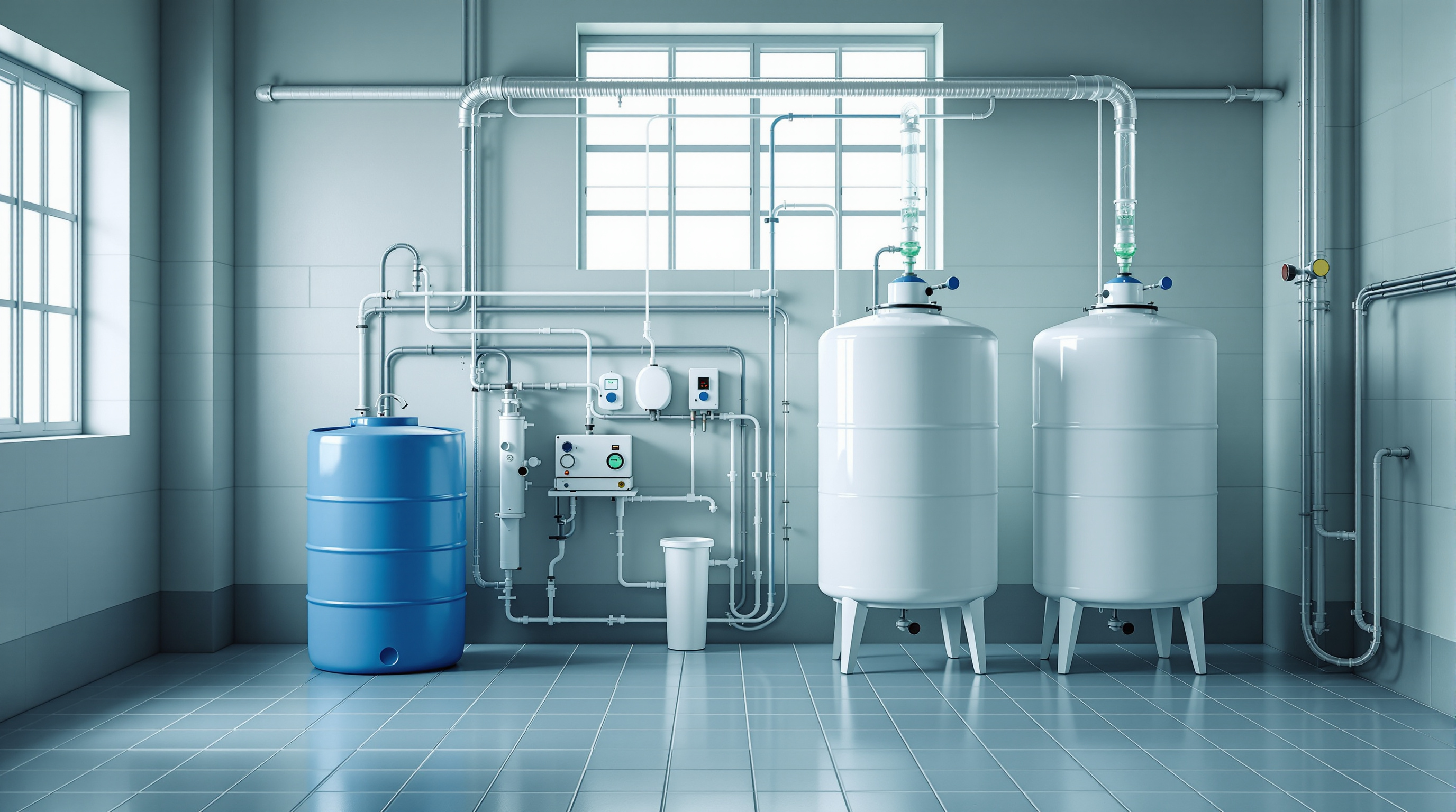 Rows of blue chemical storage drums and dosing tanks in an Indian STP plant room, with clear suction lines running to metering pumps
