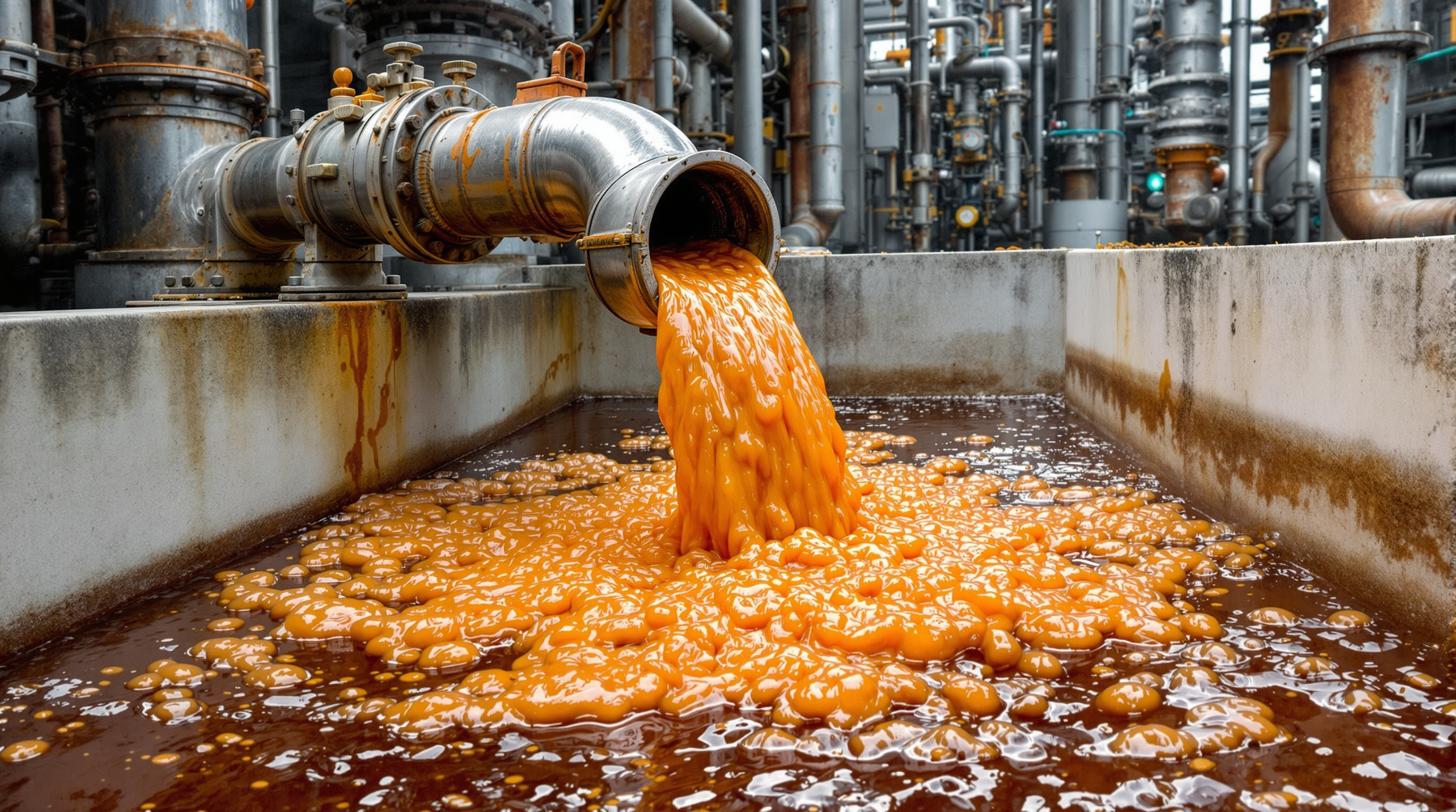 Dark, coloured chemical effluent flowing from an industrial outfall into a collection channel at an Indian chemical plant