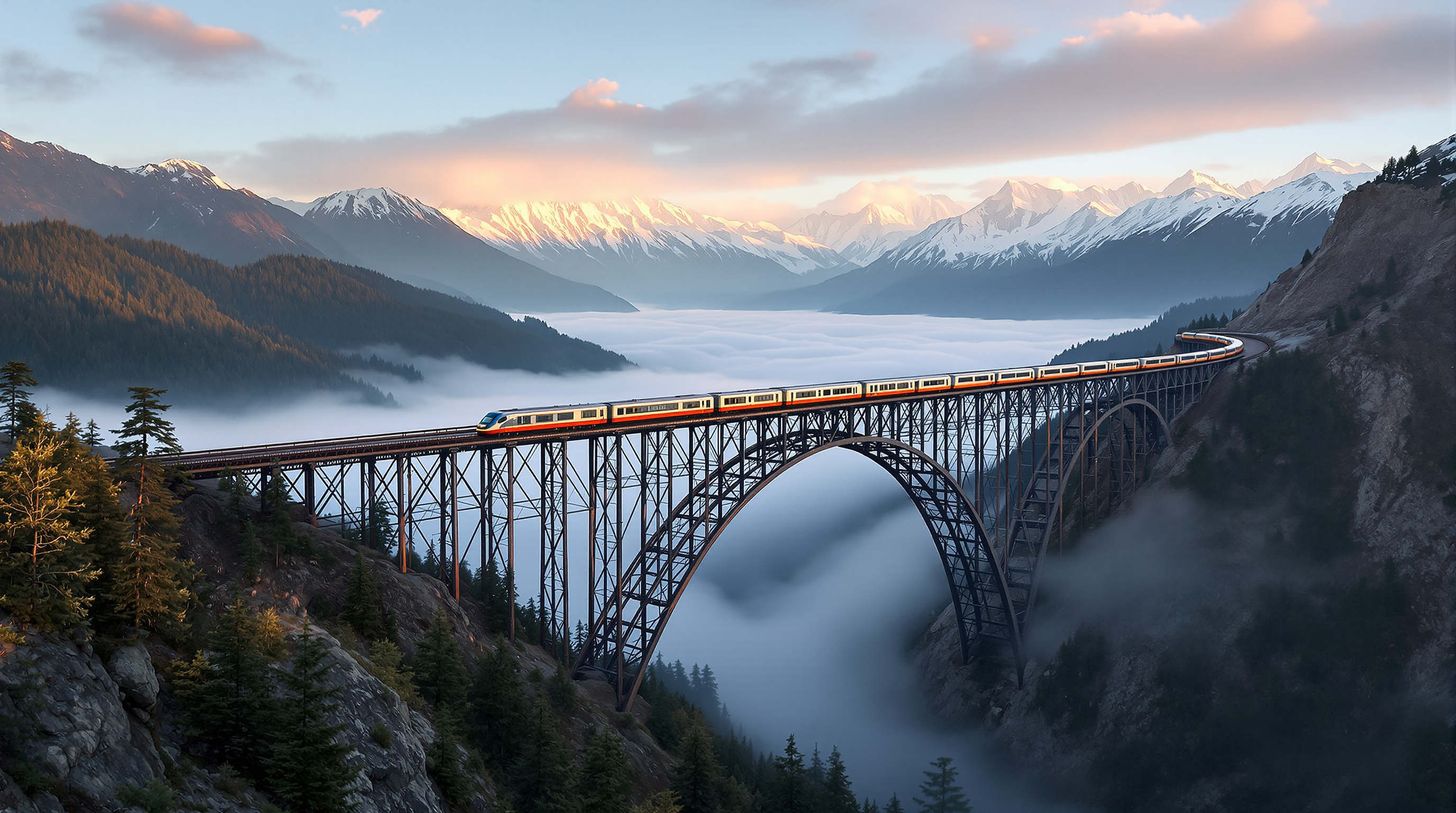 The Chenab Rail Bridge photographed at dawn from a ridge, a train crossing the arch deck high above a sea of cloud filling the Himalayan valley, distant snow peaks catching the first light, the scale of the span dwarfing the forested slopes below