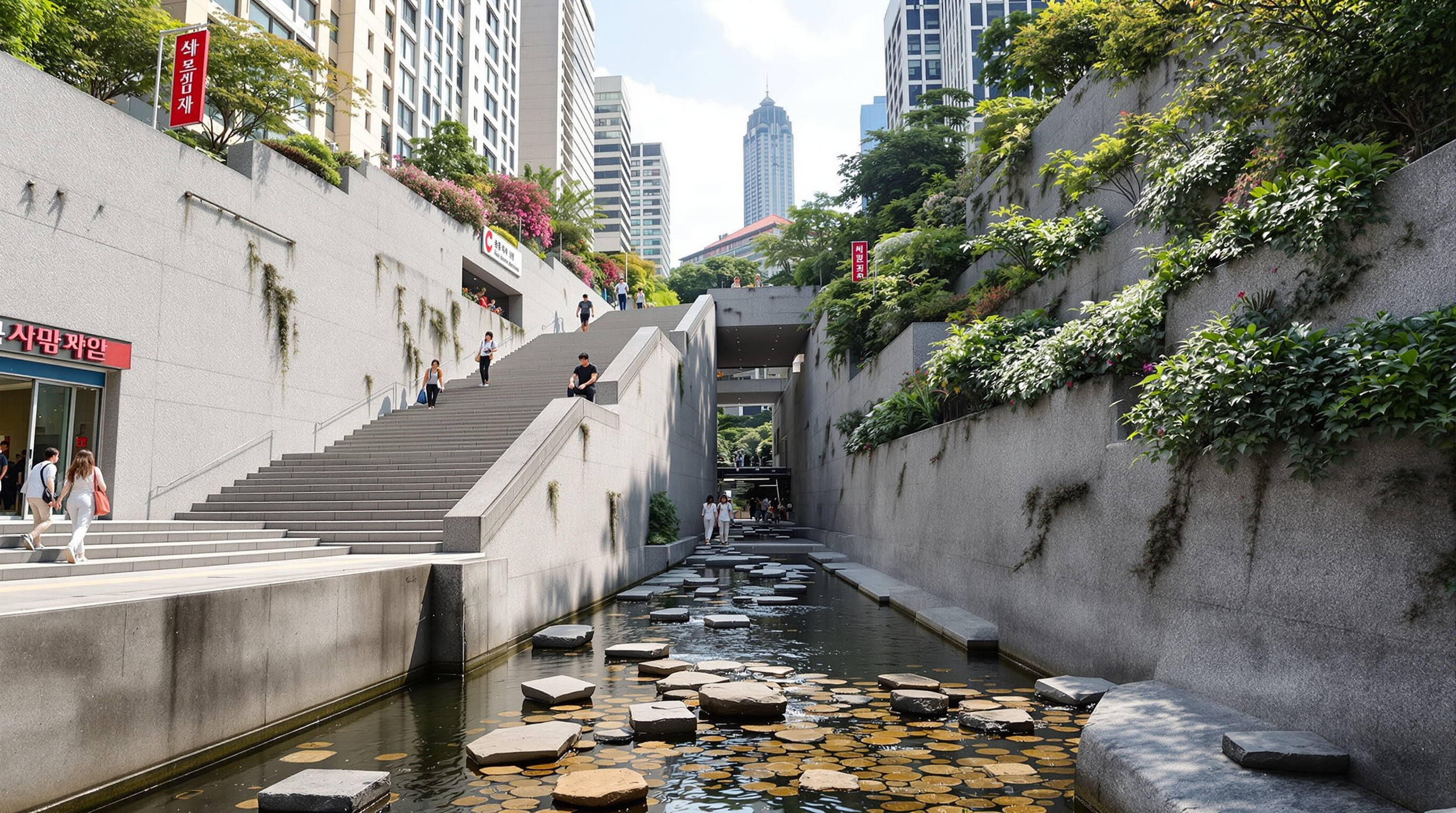 Pedestrians descending stone steps from the busy Seoul street down to the sunken Cheonggyecheon walkway, the granite embankment rising beside them, planting spilling over the terraces and clear water flowing past stepping stones at the lower level