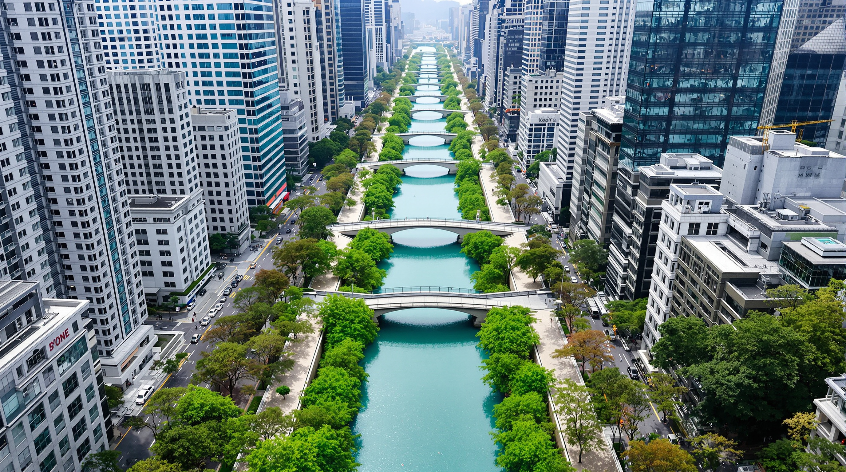 Aerial view along the length of the restored Cheonggyecheon corridor cutting a green-blue ribbon of water and trees through the dense grey grid of downtown Seoul, low stone bridges crossing at intervals and the sunken linear park threading between high-rise blocks