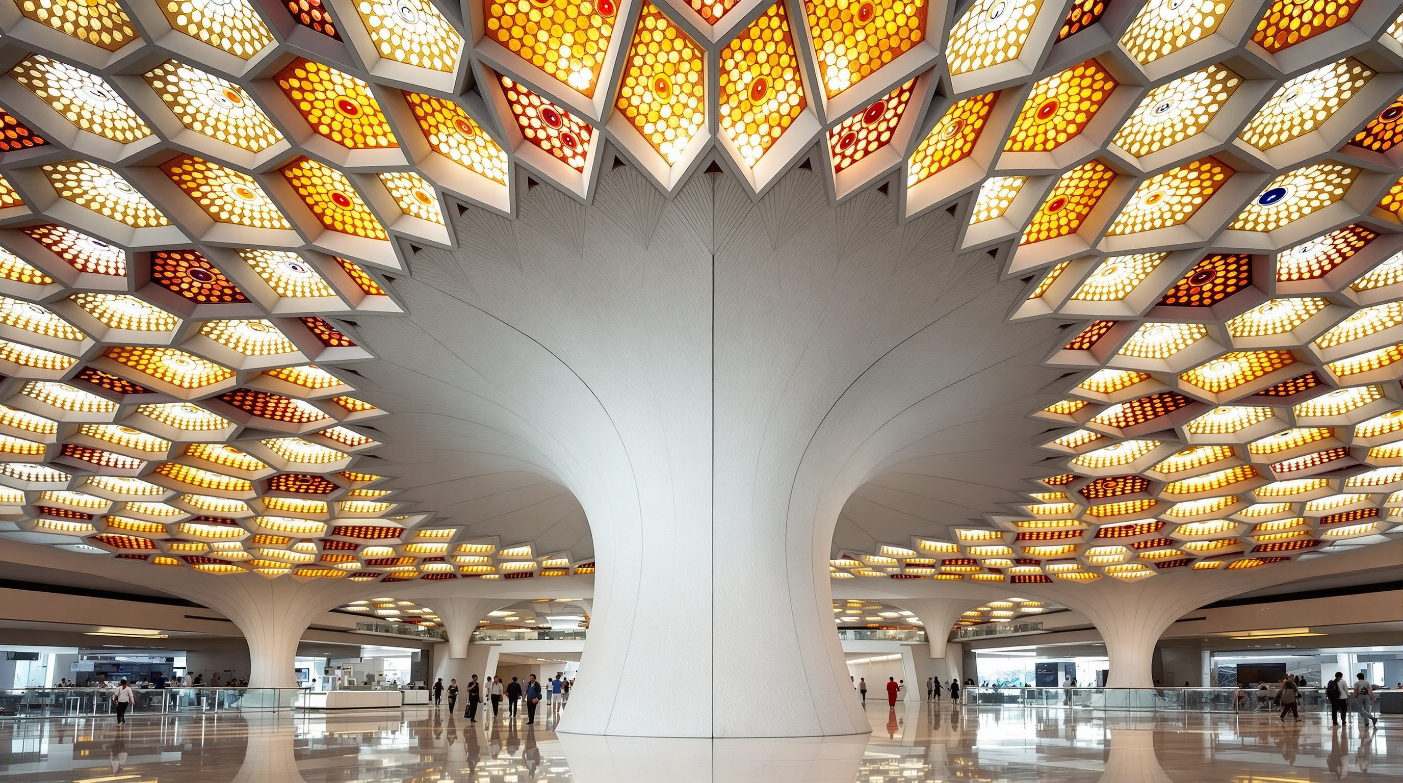 Detail of Terminal 2's column capital, a broad white petal-like head branching from the top of a single column into the coffered roof, its hexagonal panels set with small discs of amber, red and blue glass that filter dappled light onto the polished floor
