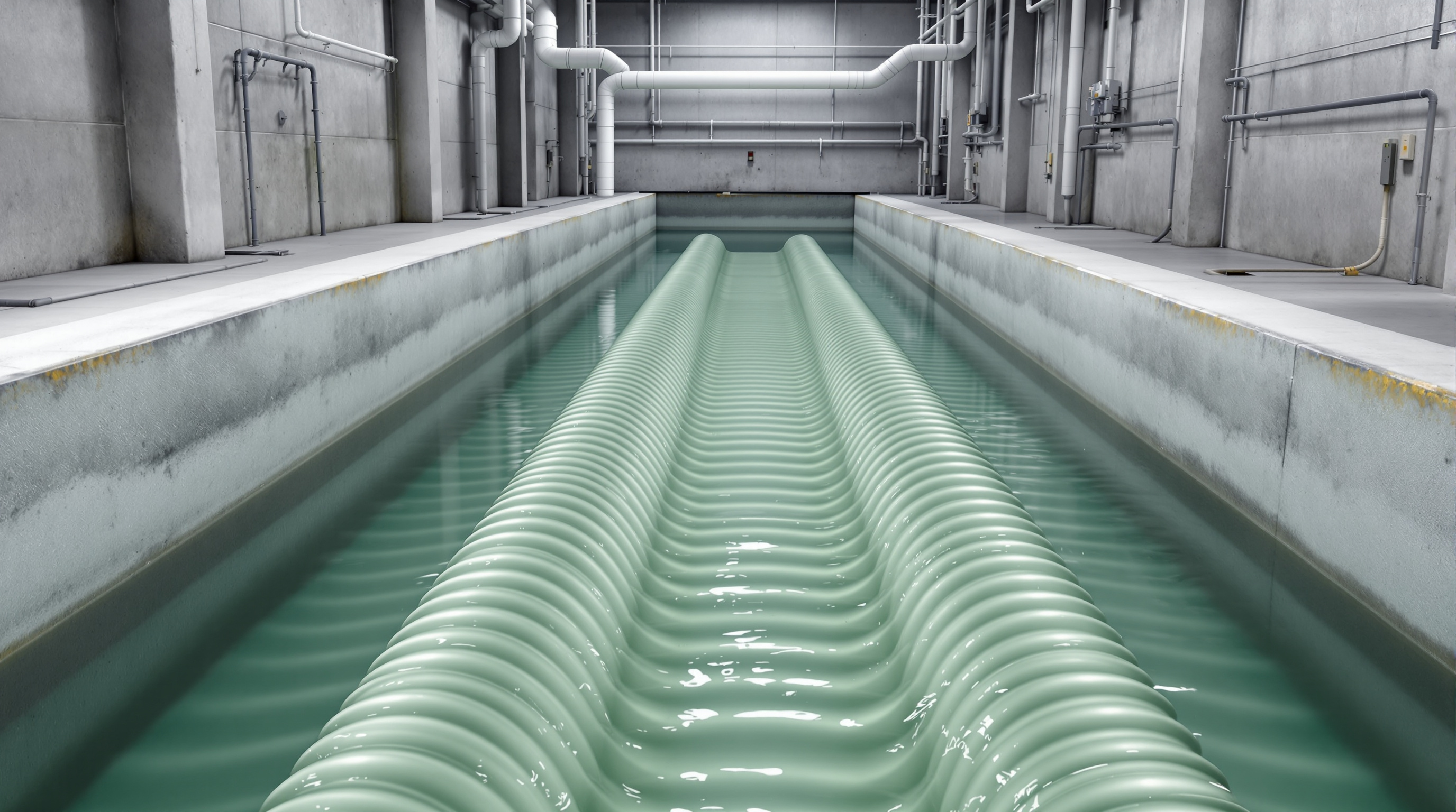 A baffled chlorine contact tank in an Indian sewage treatment plant with clear treated water snaking through the channels