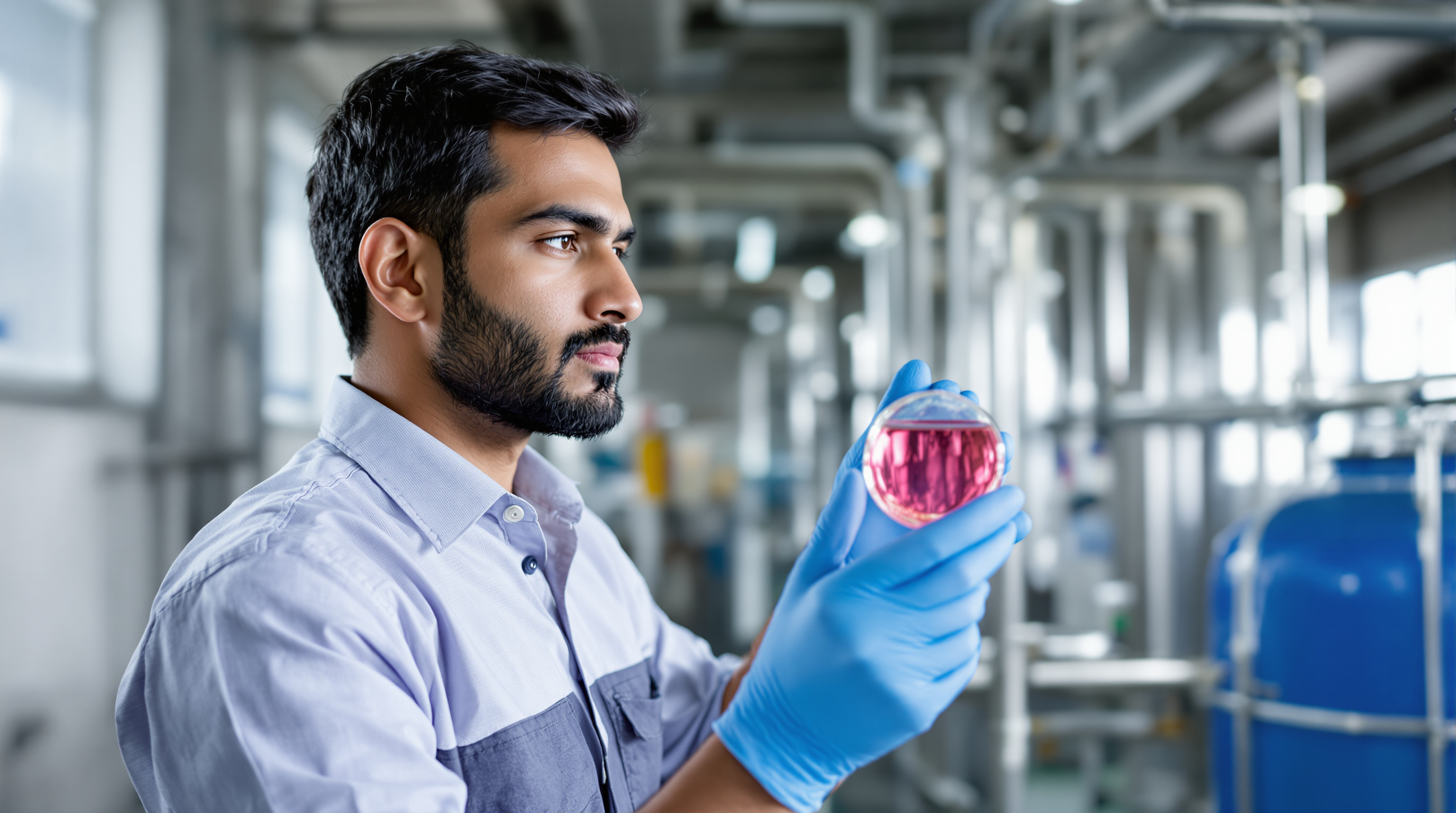 An Indian STP operator in gloves comparing the colour of a small water sample in a test vial against a reference to check chlorine residual