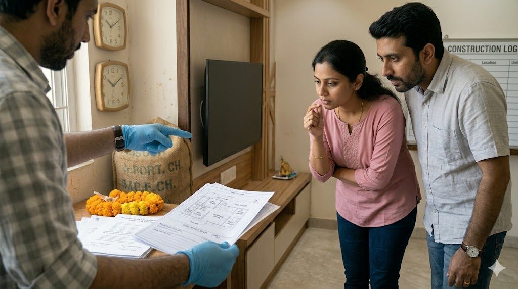 Homeowner couple visiting a designer's completed residential project in person — the designer pointing toward a custom TV-unit joinery detail explaining a design choice, one of the couple running a hand along a tile-edge transition to feel the workmanship, the other photographing a detail. The previous homeowner chats nearby about how the project ran. The visit to a completed project is the single highest-signal act in the entire selection process — what doesn't survive seeing in person doesn't survive at all